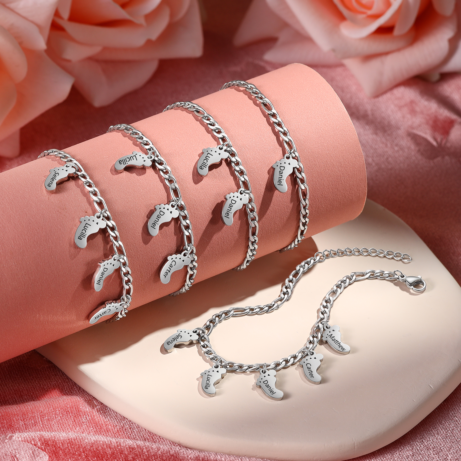 Personalised Baby Foot Charm Bracelet, Custom with1-5 Names Engraved Gift for Women | Jessemade