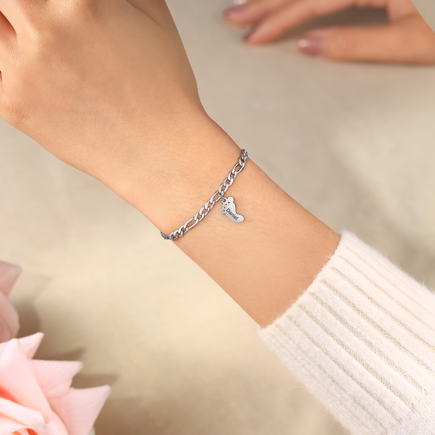Personalised Baby Foot Charm Bracelet, Custom with1-5 Names Engraved Gift for Women | Jessemade