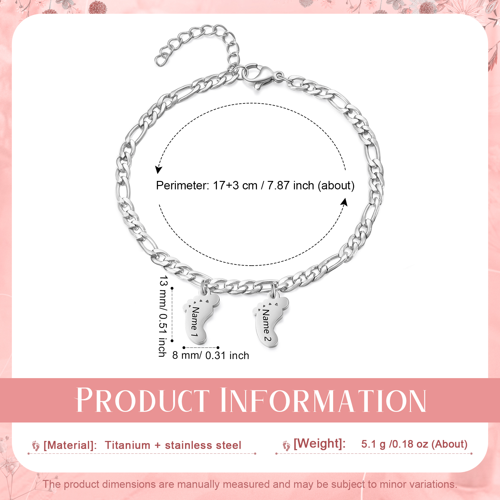 Personalised Baby Foot Charm Bracelet, Custom with1-5 Names Engraved Gift for Women | Jessemade