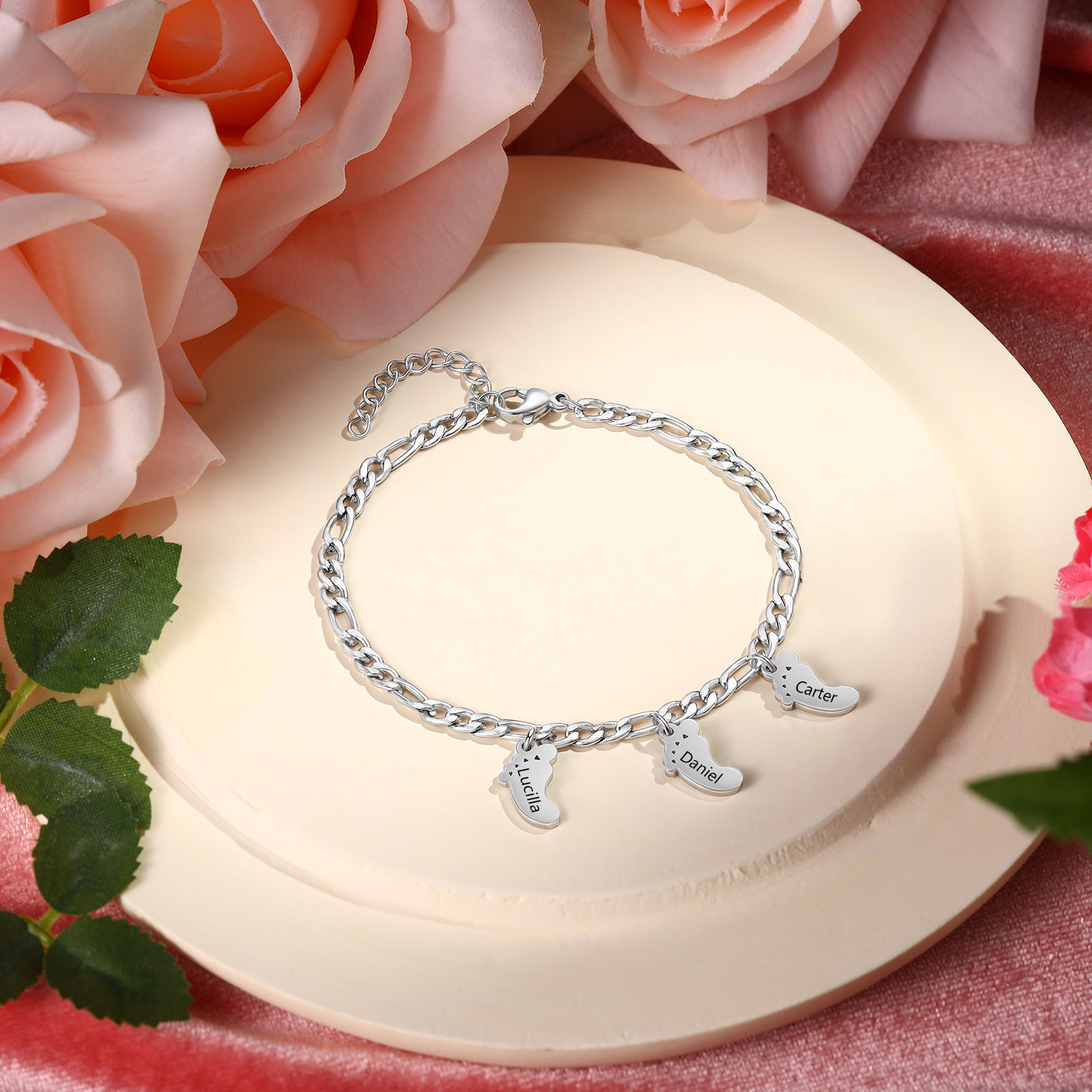 Personalised Baby Foot Charm Bracelet, Custom with1-5 Names Engraved Gift for Women | Jessemade