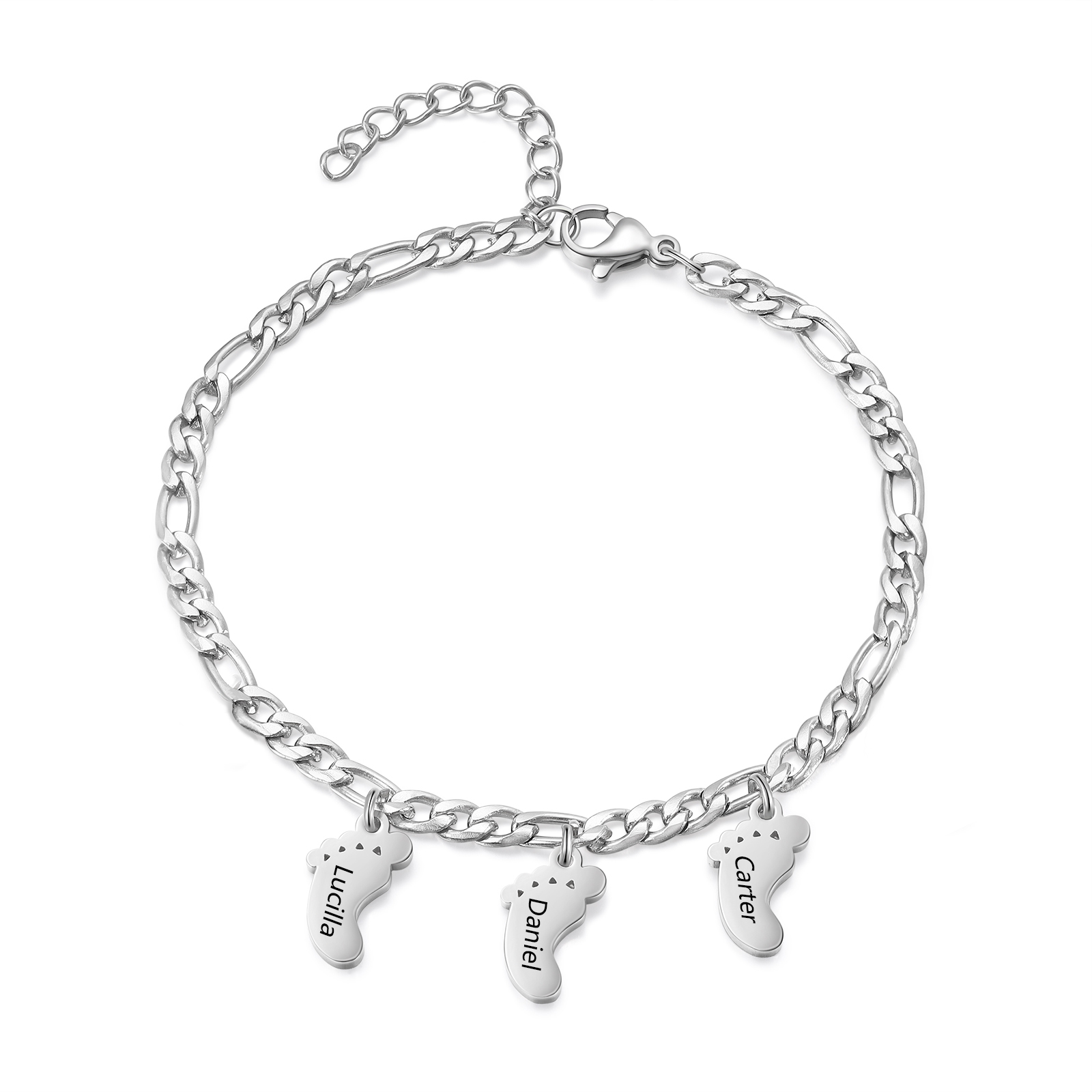 Personalised Baby Foot Charm Bracelet, Custom with1-5 Names Engraved Gift for Women | Jessemade