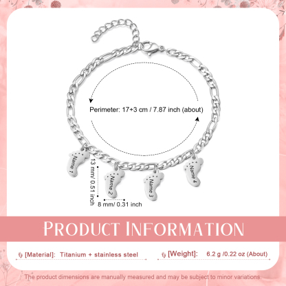 Personalised Baby Foot Charm Bracelet, Custom with1-5 Names Engraved Gift for Women | Jessemade