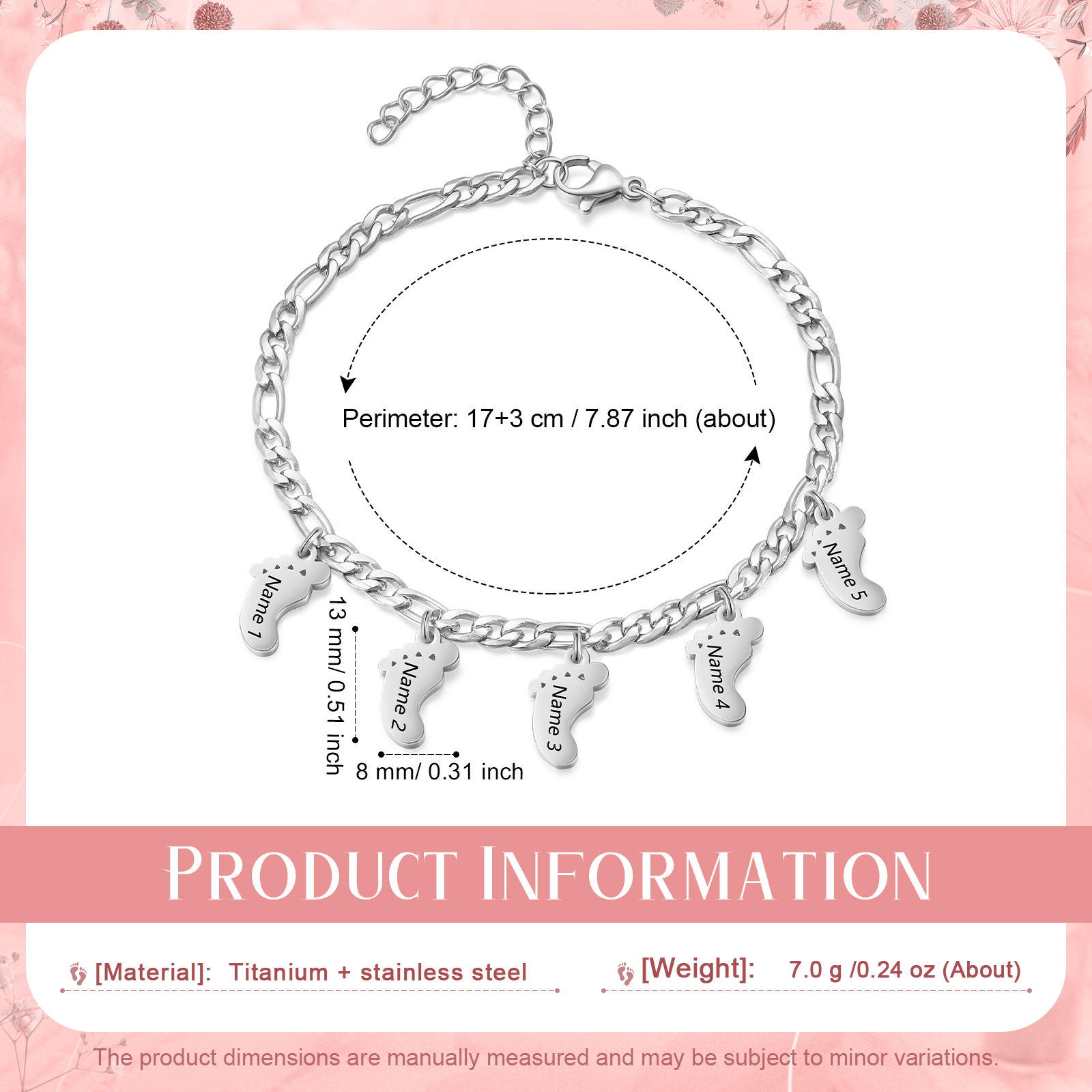 Personalised Baby Foot Charm Bracelet, Custom with1-5 Names Engraved Gift for Women | Jessemade