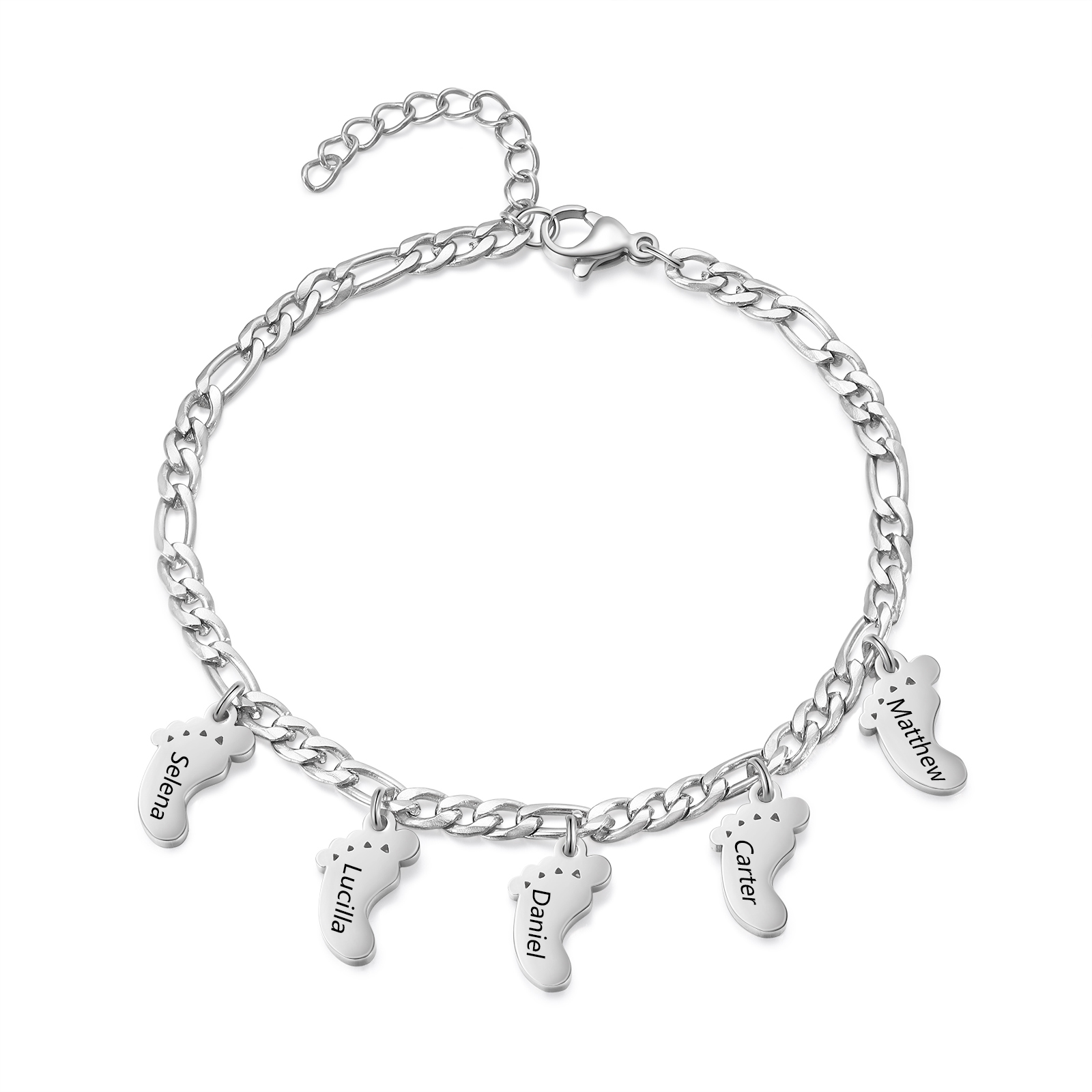 Personalised Baby Foot Charm Bracelet, Custom with1-5 Names Engraved Gift for Women | Jessemade