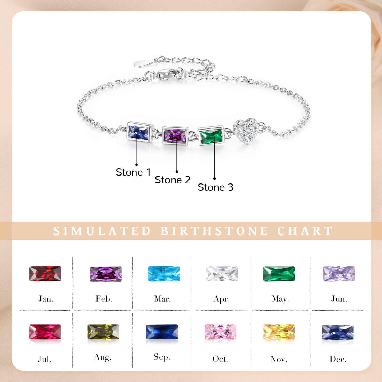Custom Mother’s Day Birthstone Necklace Bracelet – Adjustable 3 Birthstones Family Gift for Her | Jessemade