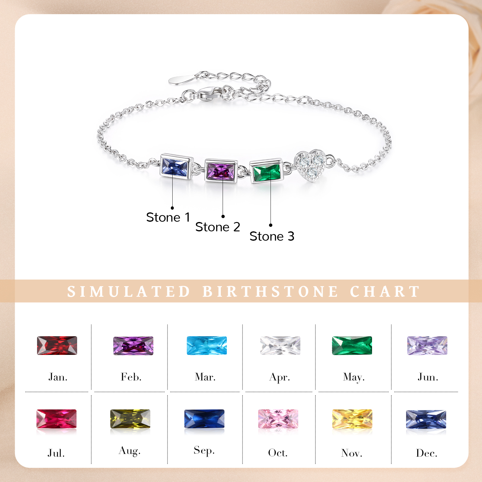 Custom Mother’s Day Birthstone Necklace Bracelet – Adjustable 3 Birthstones Family Gift for Her | Jessemade