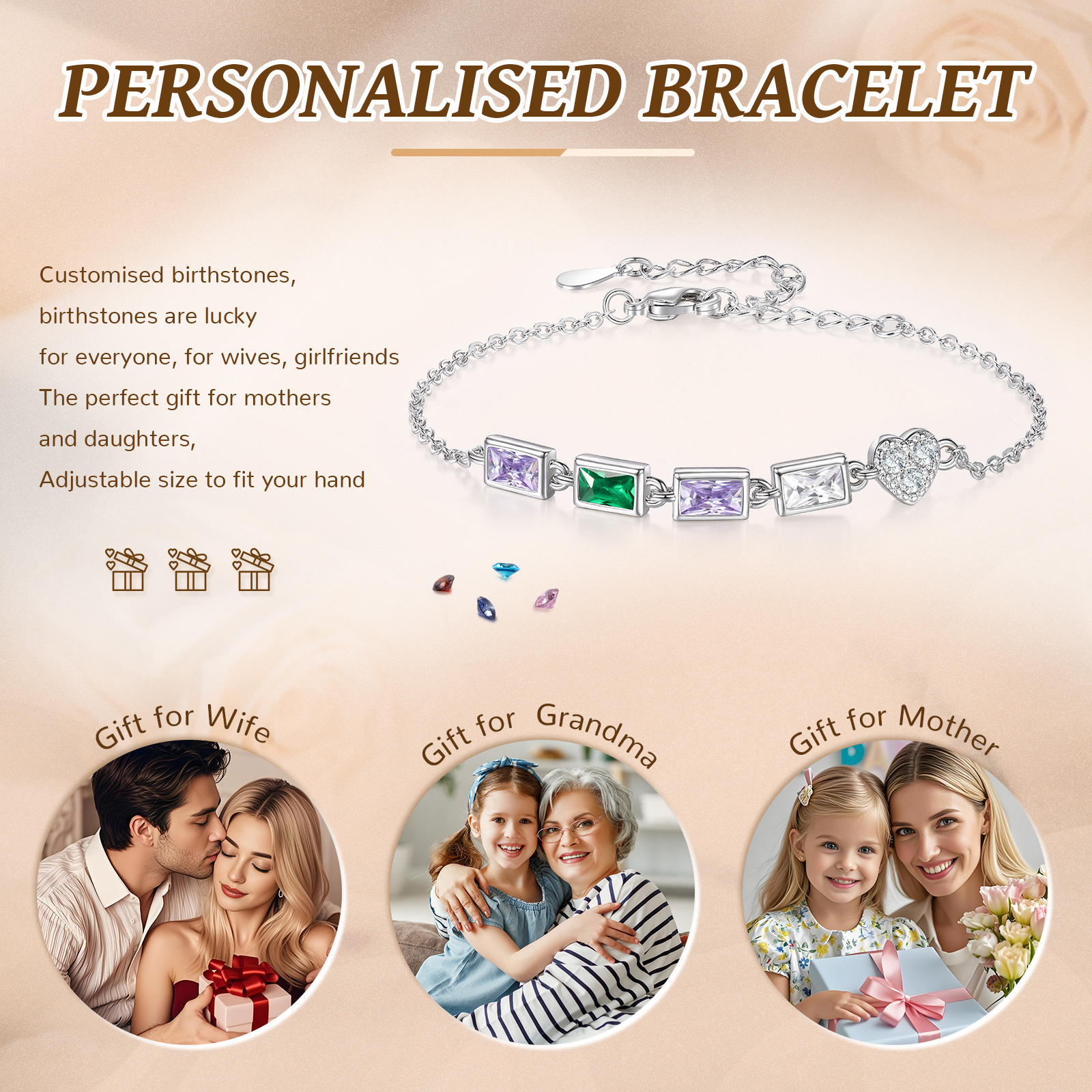 Custom Mother’s Day Birthstone Necklace Bracelet – Adjustable 4 Birthstones Family Gift for Her | Jessemade