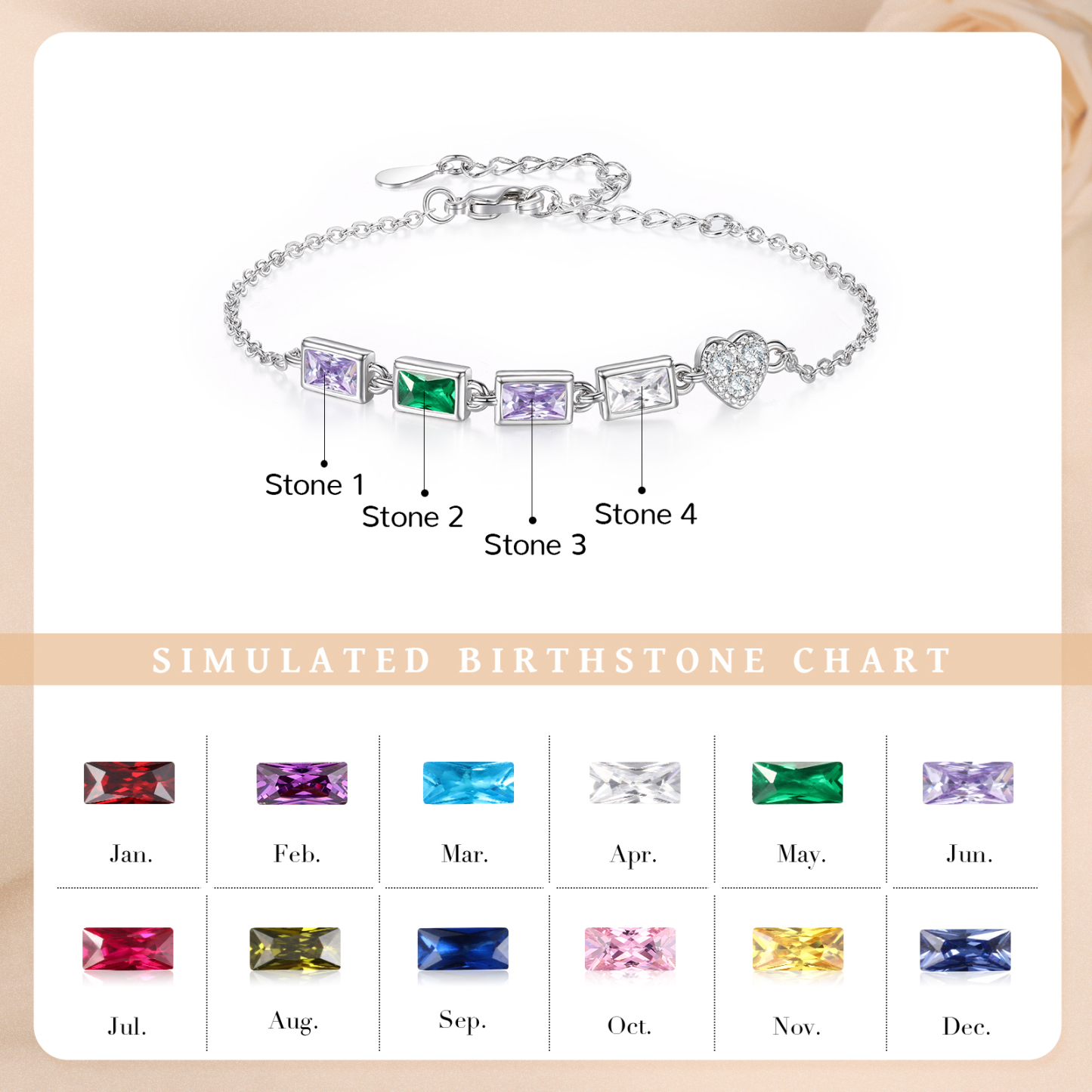 Custom Mother’s Day Birthstone Necklace Bracelet – Adjustable 4 Birthstones Family Gift for Her | Jessemade
