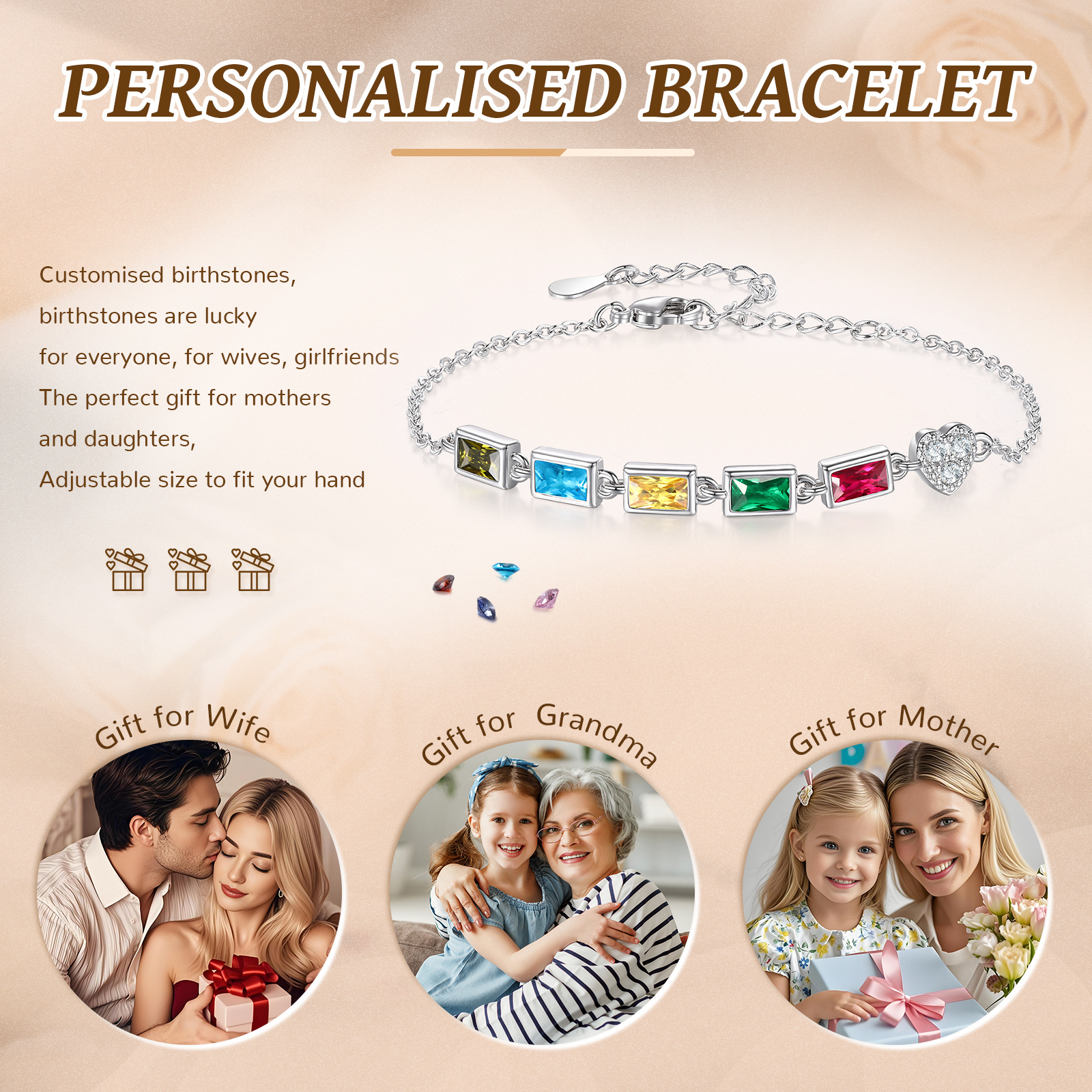 Custom Mother’s Day Birthstone Necklace Bracelet – Adjustable 5 Birthstones Family Gift for Her | Jessemade