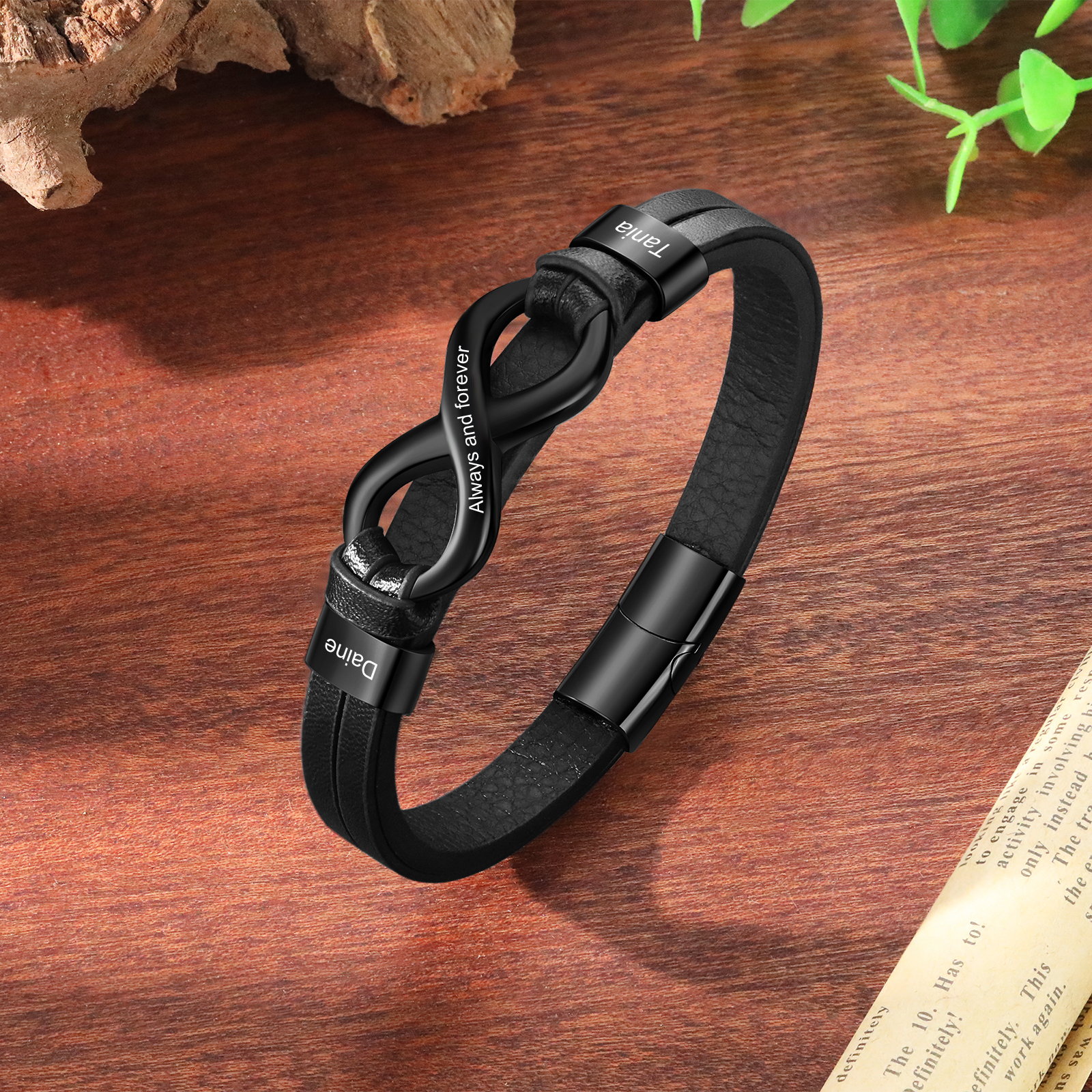 Personalised 2 Names&1 Text Leather Bracelet Custom for Him