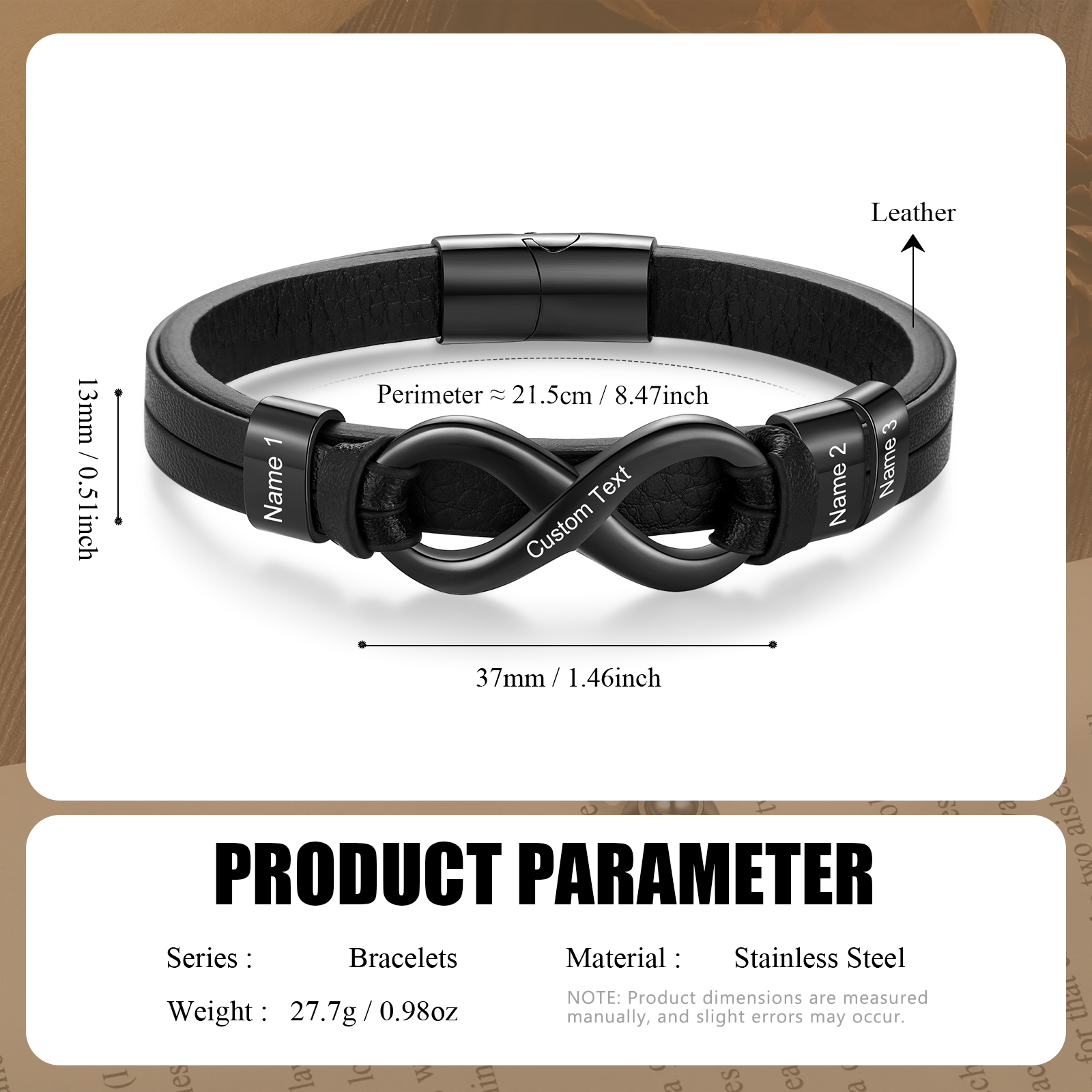 Personalised 3 Names&1 Text Leather Bracelet Custom for Him