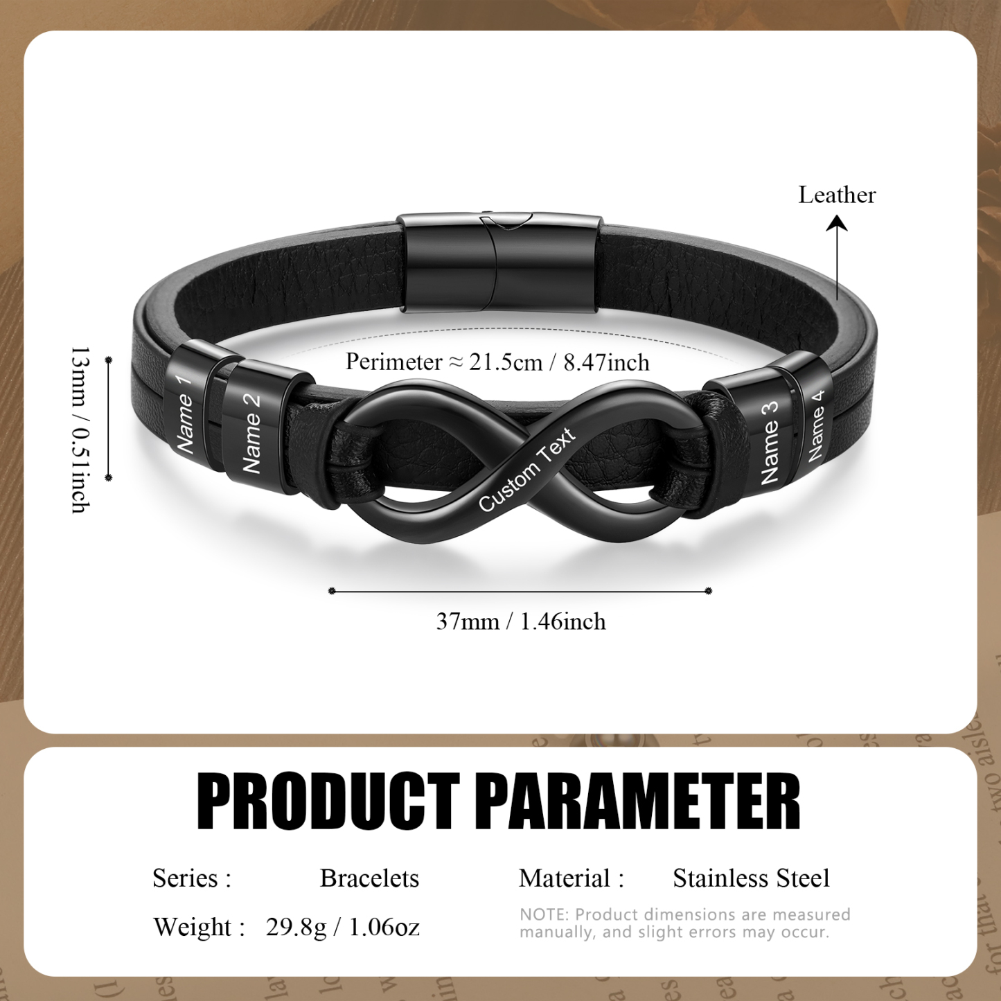 Personalised 4 Names&1 Text Leather Bracelet Custom for Him