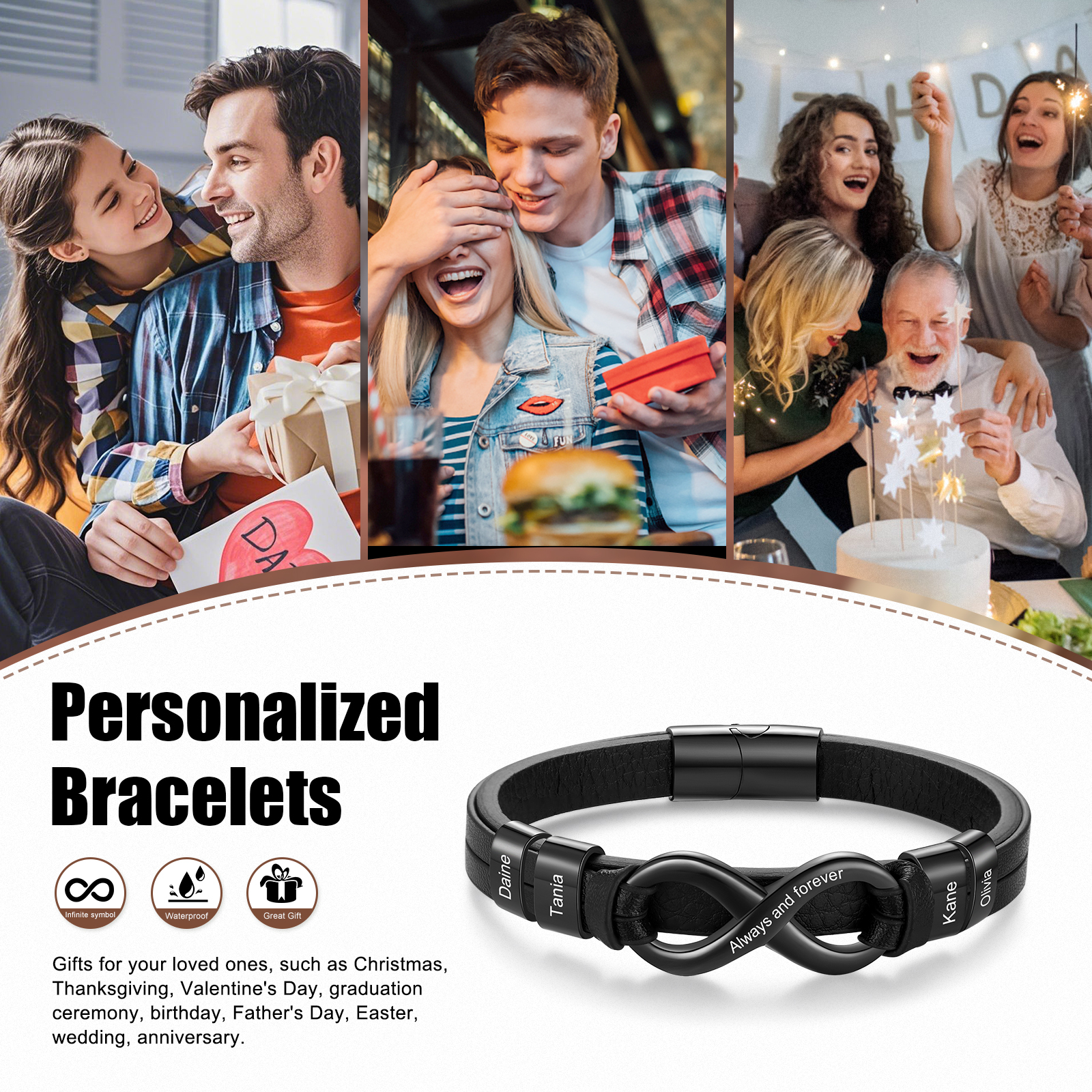 Personalised 4 Names&1 Text Leather Bracelet Custom for Him