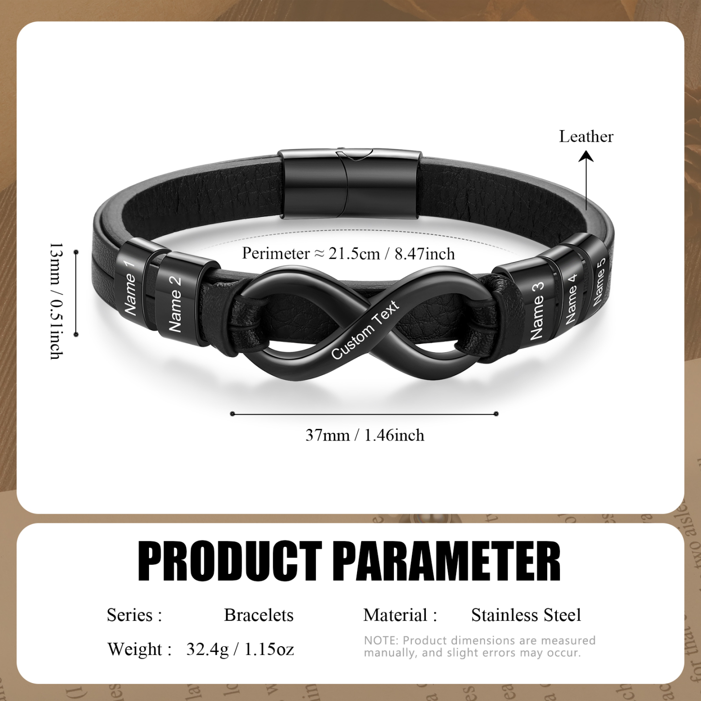 Personalised 5 Names&1 Text Leather Bracelet Custom for Him