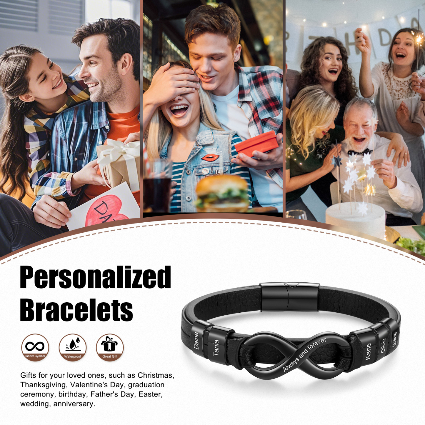 Personalised 5 Names&1 Text Leather Bracelet Custom for Him