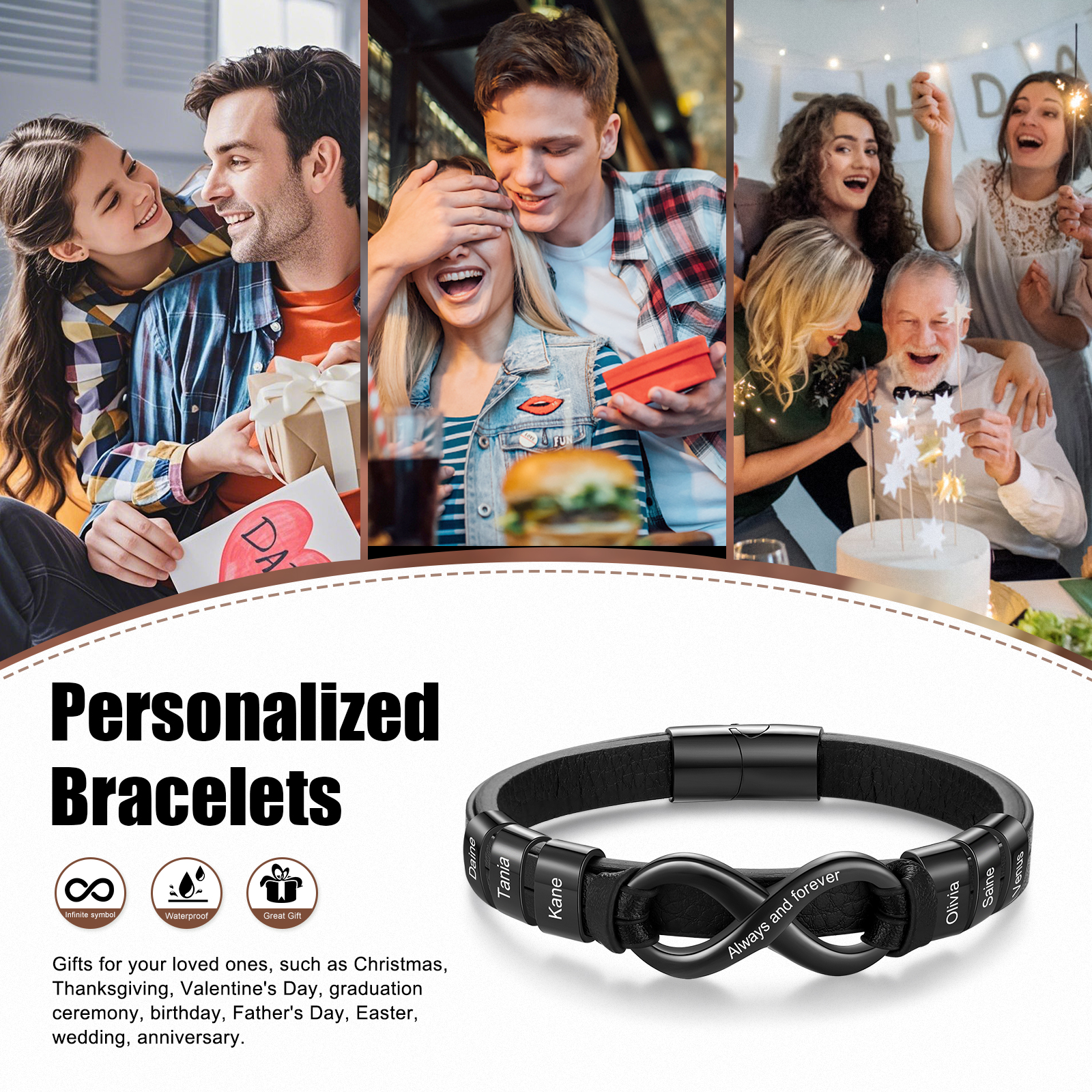 Personalised 6 Names&1 Text Leather Bracelet Custom for Him