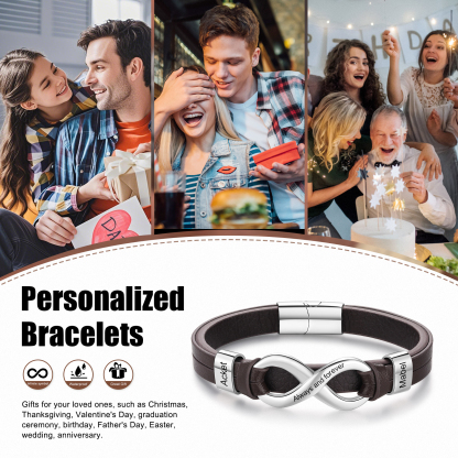 Personalised 2 Names&1 Text Leather Bracelet Custom for Him