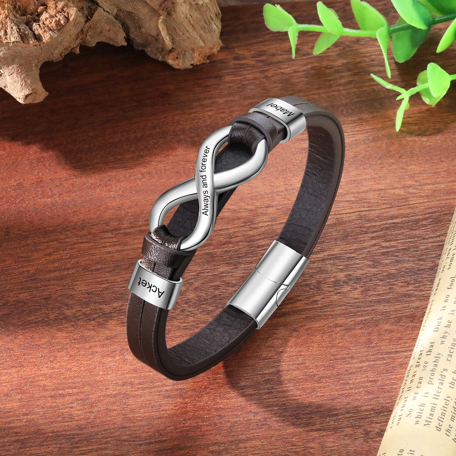 Personalised 2 Names&1 Text Leather Bracelet Custom for Him