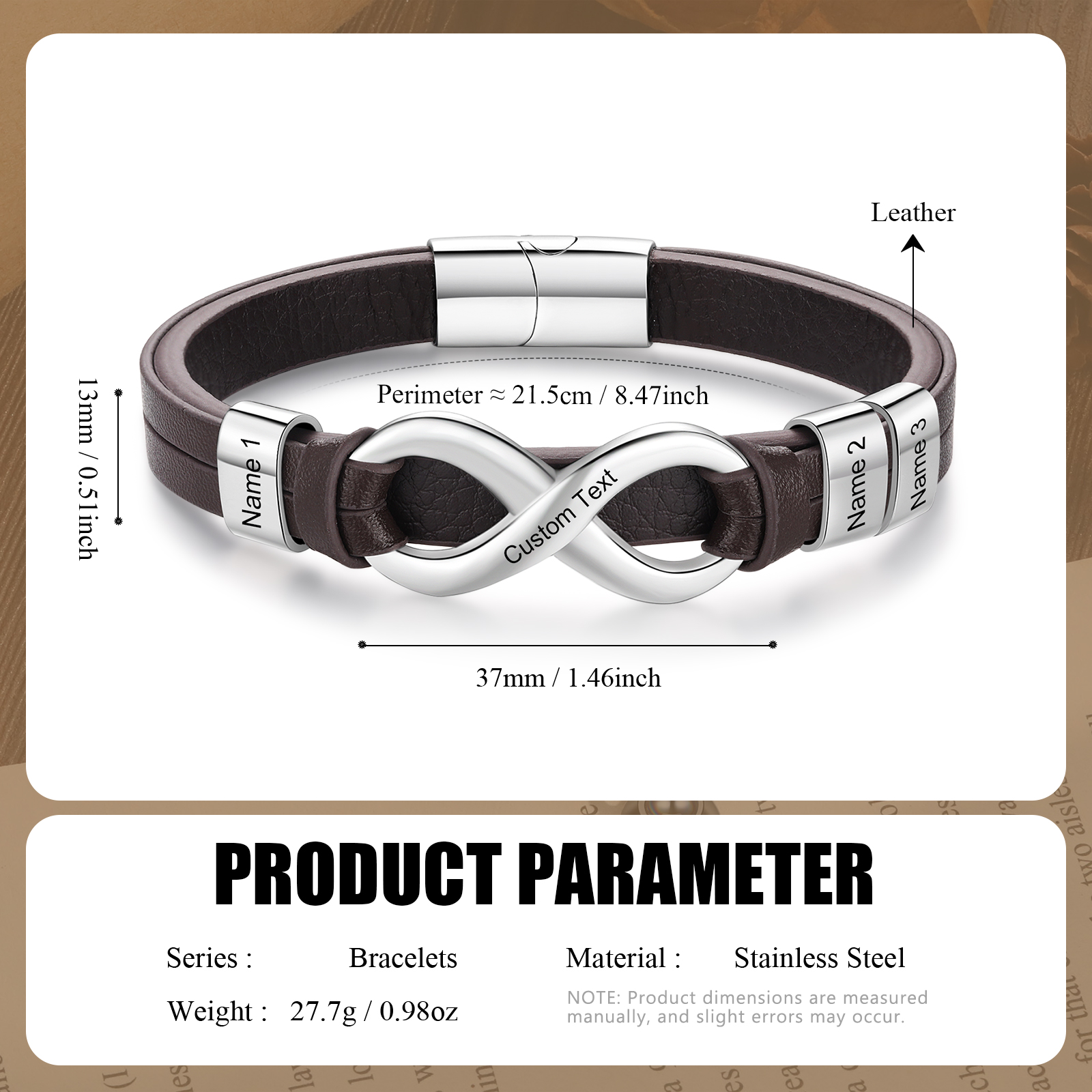 Personalised 3 Names&1 Text Leather Bracelet Custom for Him