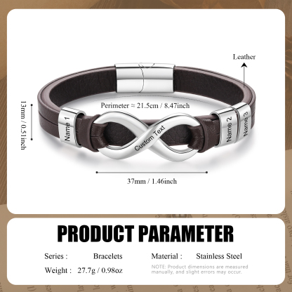 Personalised 3 Names&1 Text Leather Bracelet Custom for Him