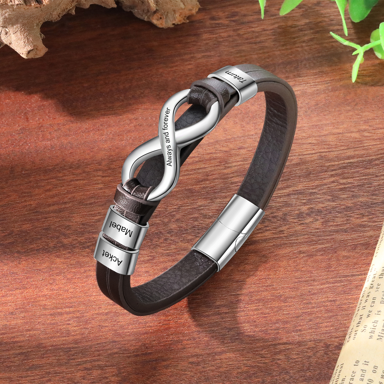 Personalised 3 Names&1 Text Leather Bracelet Custom for Him