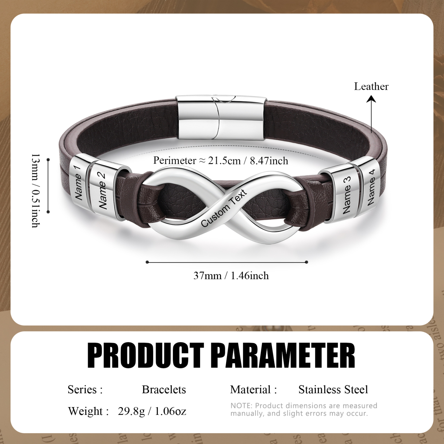 Personalised 4 Names&1 Text Leather Bracelet Custom for Him