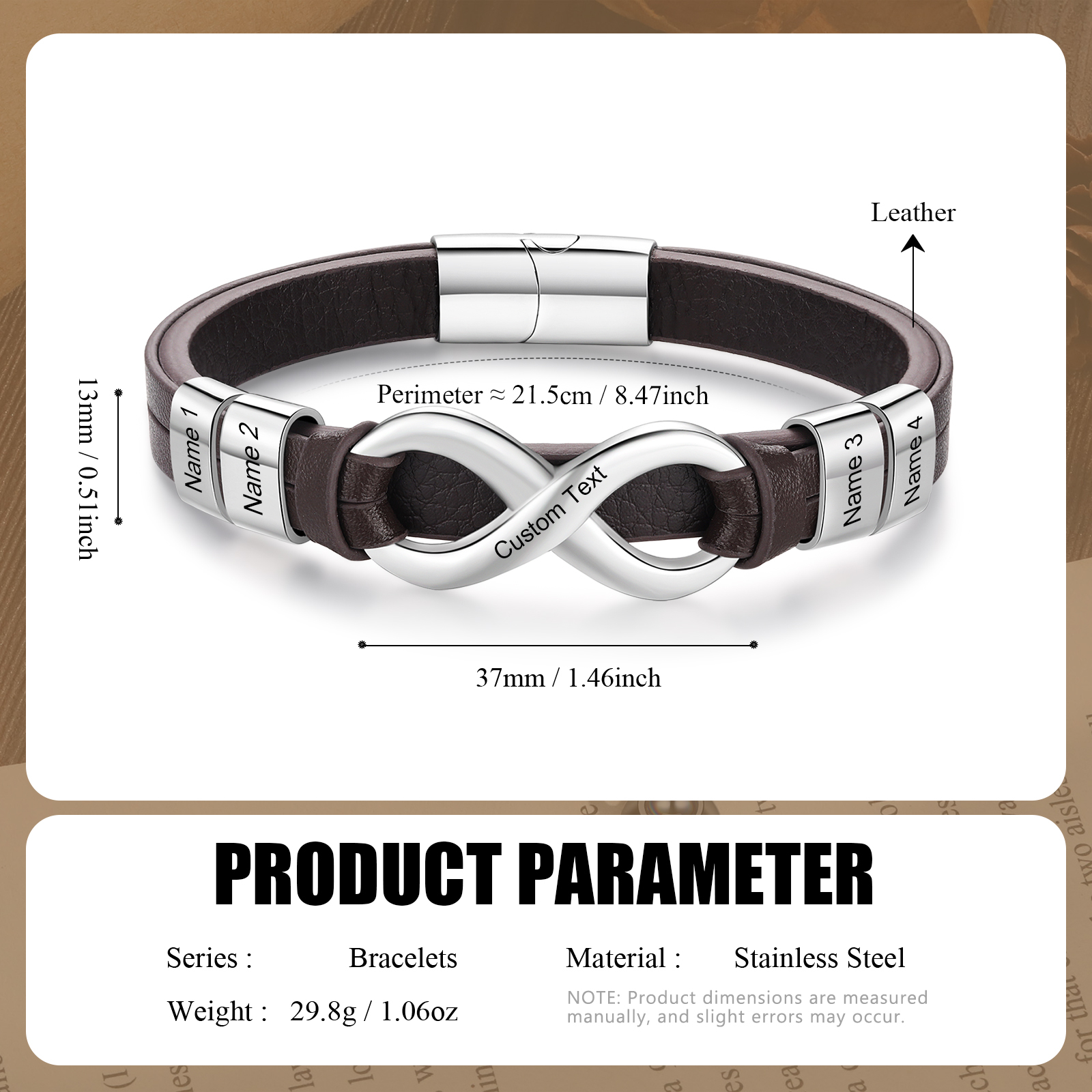 Personalised 4 Names&1 Text Leather Bracelet Custom for Him