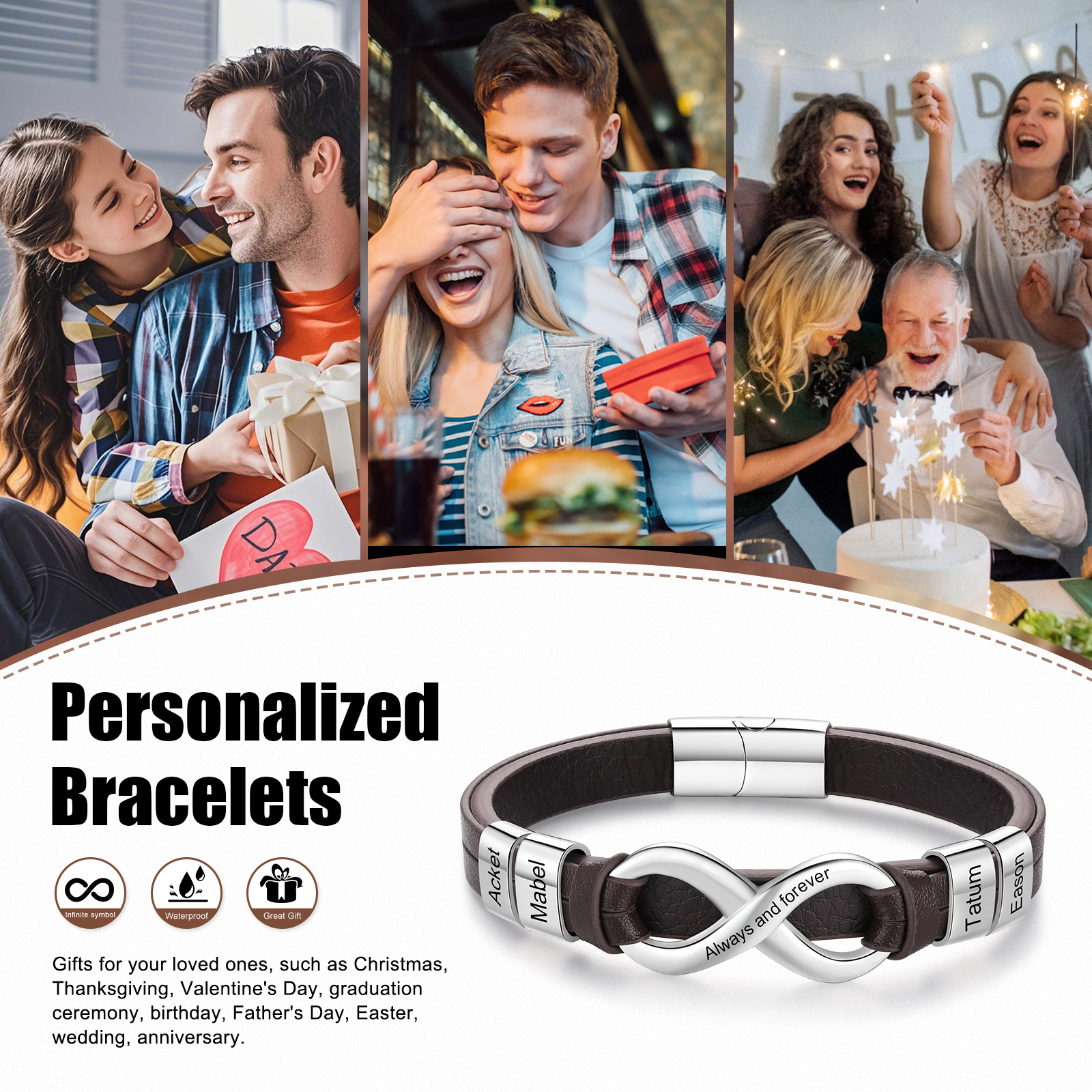 Personalised 4 Names&1 Text Leather Bracelet Custom for Him