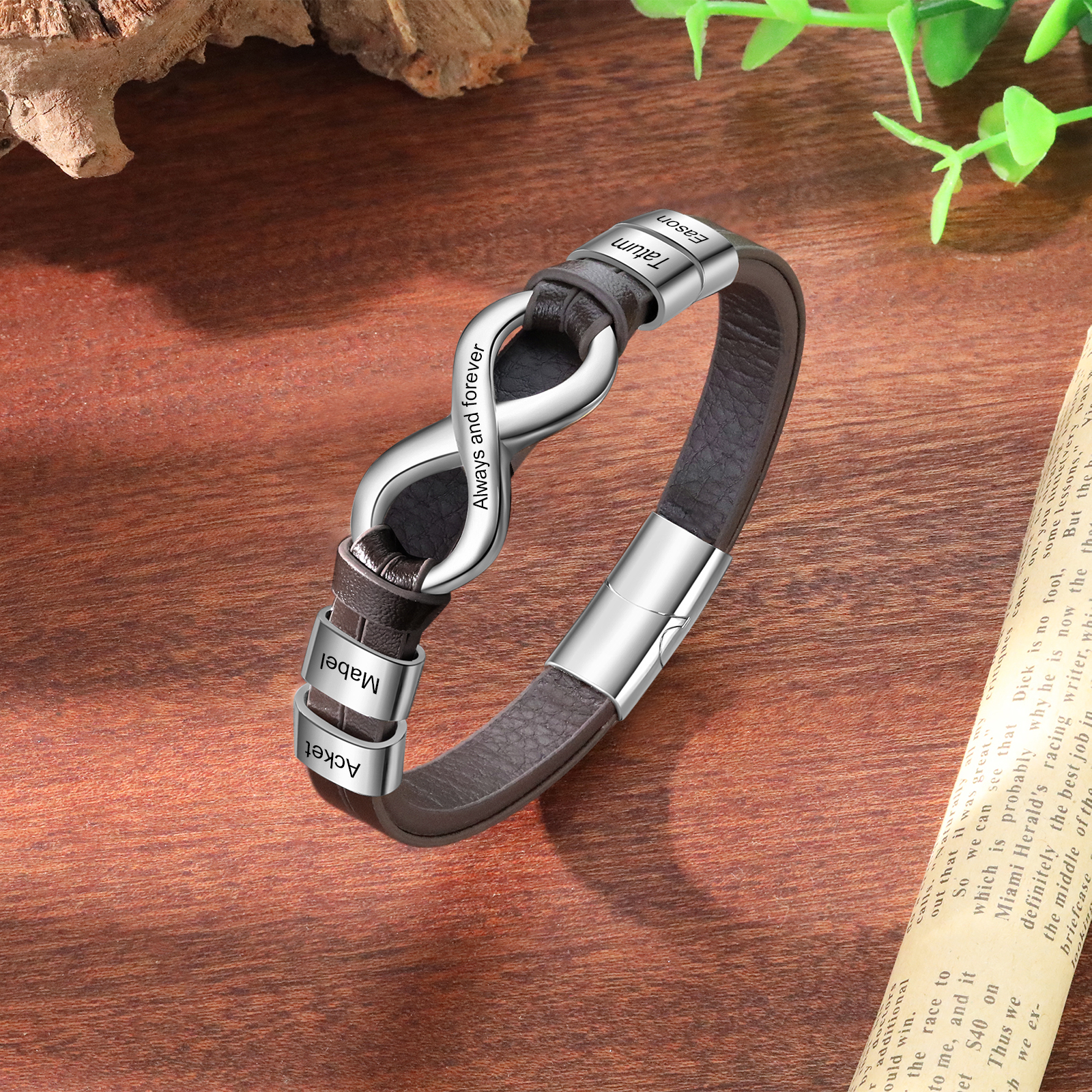 Personalised 4 Names&1 Text Leather Bracelet Custom for Him