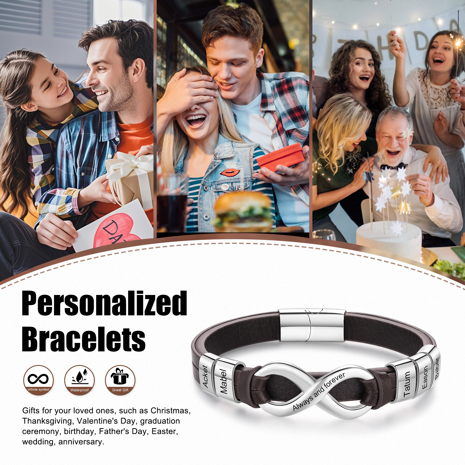 Personalised 5 Names&1 Text Leather Bracelet Custom for Him