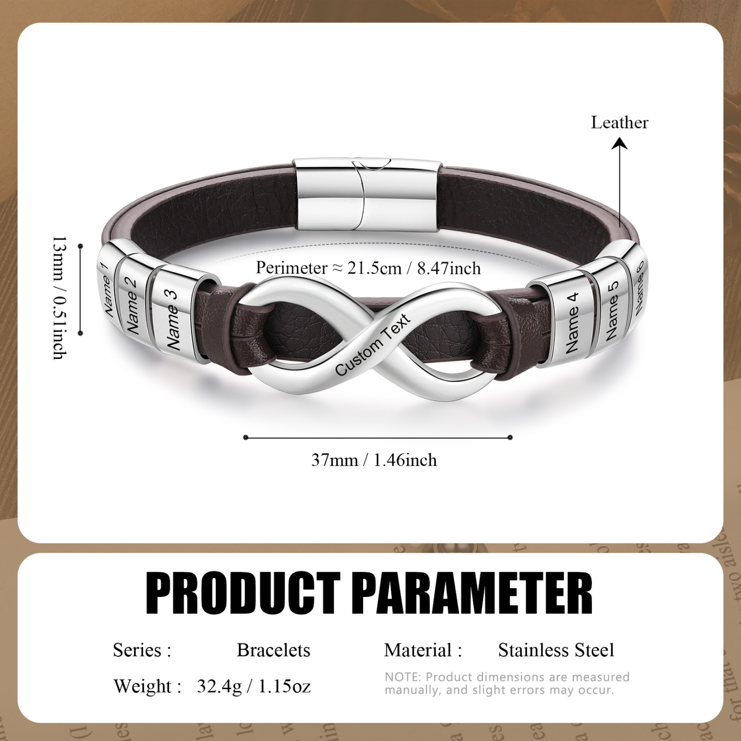 Personalised 6 Names&1 Text Leather Bracelet Custom for Him