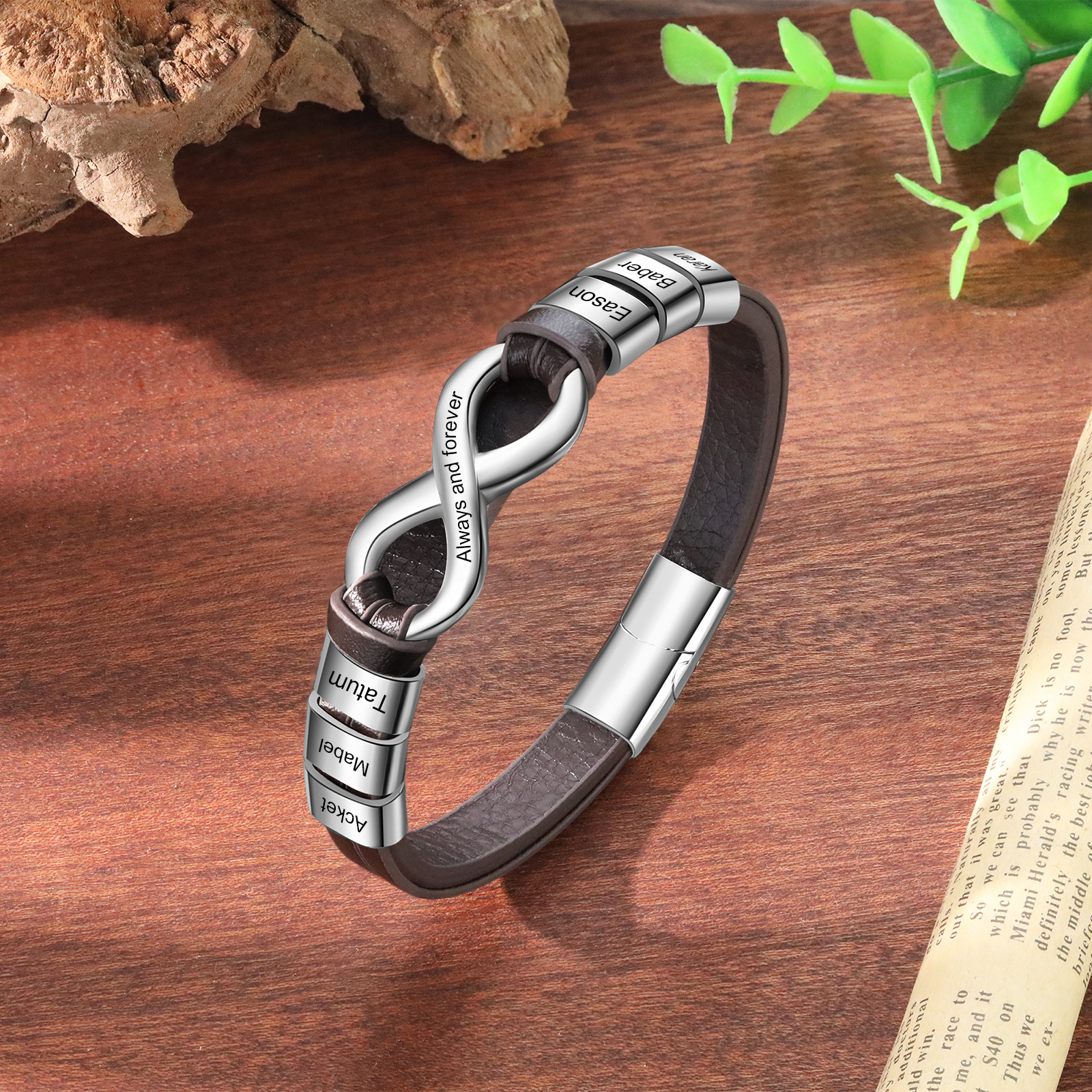 Personalised 6 Names&1 Text Leather Bracelet Custom for Him