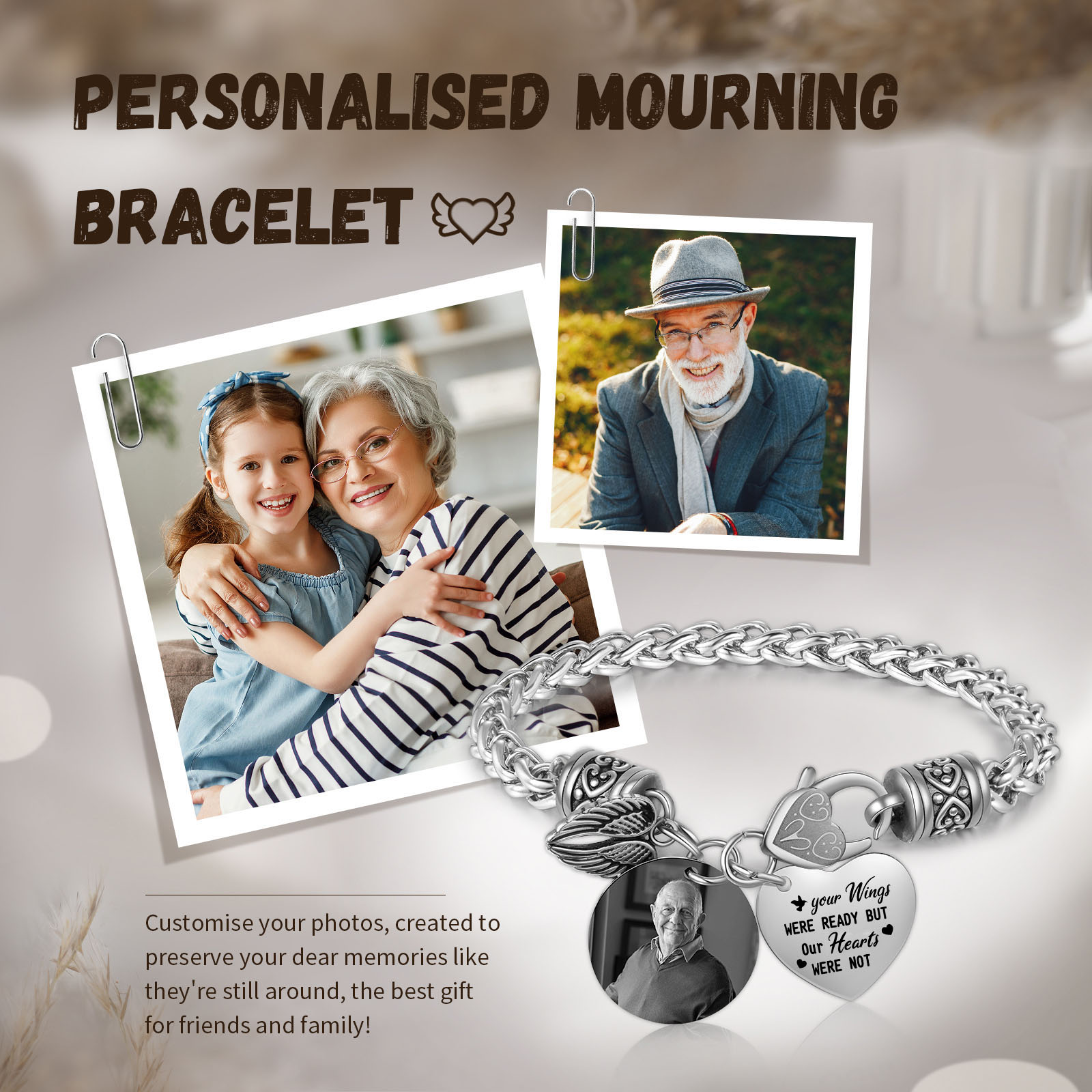 Personalised Photo Memorial Bracelet Your wings were ready but our hearts were not Gift for Family Gift Set