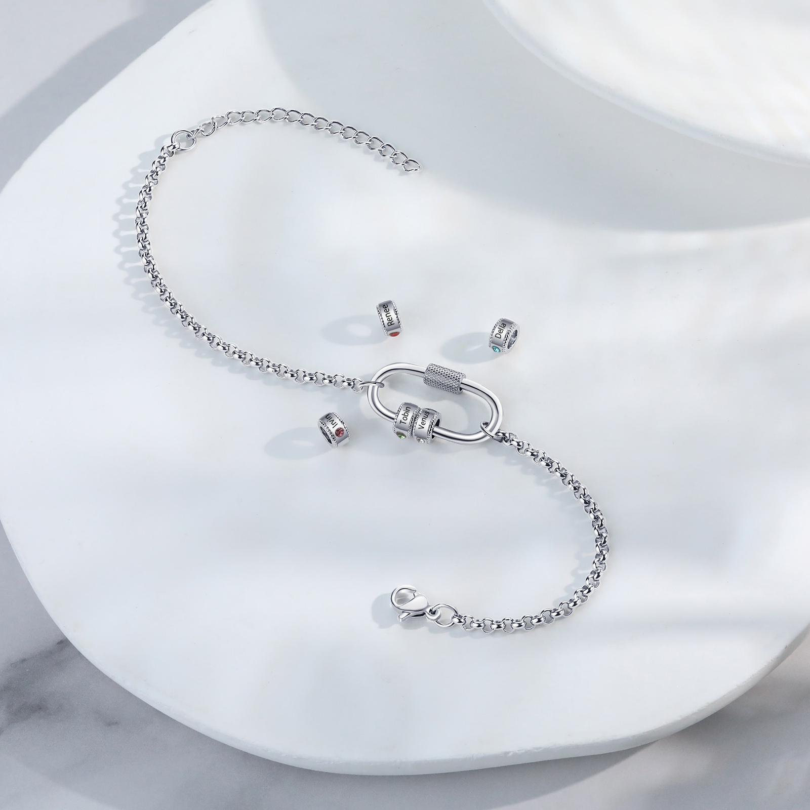 Personalised 3 Names & 3 Birthstones Bracelet for Women – Custom Stainless Steel Chain Gift | Jessemade