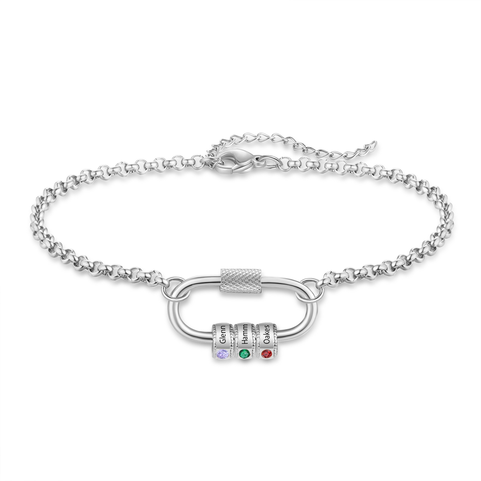 Personalised 3 Names & 3 Birthstones Bracelet for Women – Custom Stainless Steel Chain Gift | Jessemade