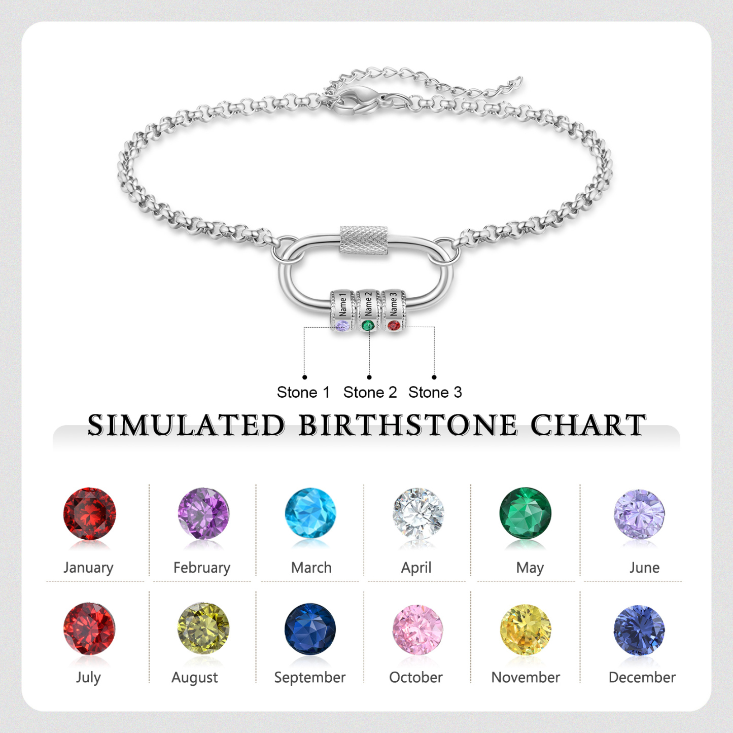 Personalised 3 Names & 3 Birthstones Bracelet for Women – Custom Stainless Steel Chain Gift | Jessemade