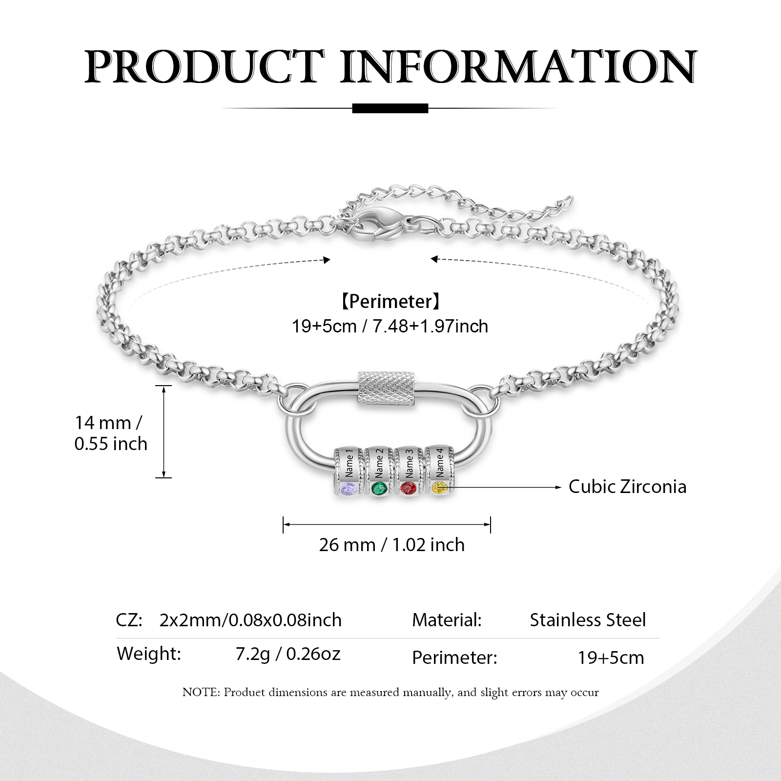 Personalised 4 Names & 4 Birthstones Bracelet for Women – Custom Stainless Steel Chain Gift | Jessemade