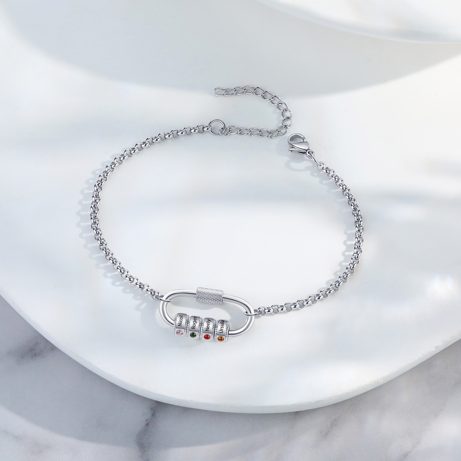 Personalised 4 Names & 4 Birthstones Bracelet for Women – Custom Stainless Steel Chain Gift | Jessemade