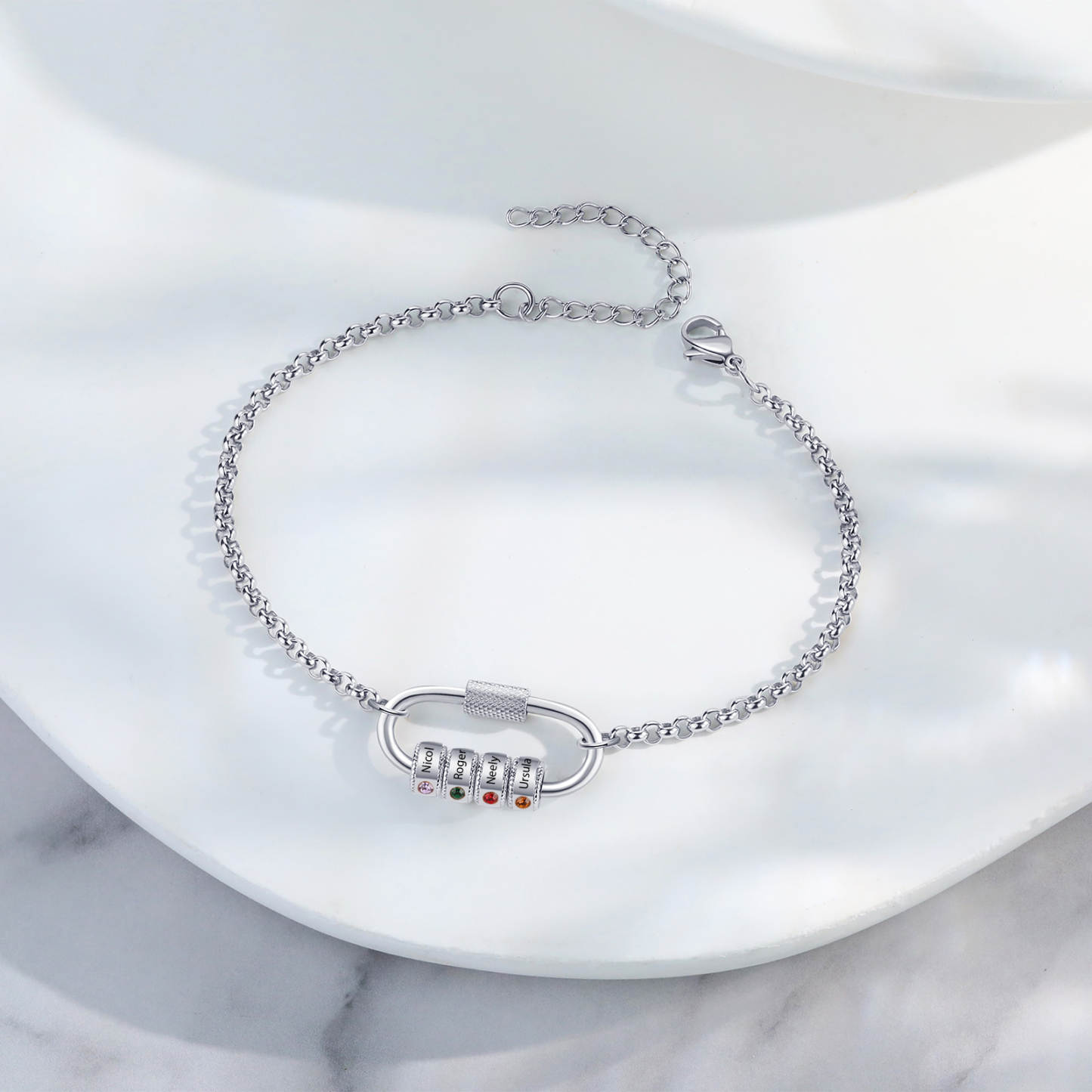 Personalised 4 Names & 4 Birthstones Bracelet for Women – Custom Stainless Steel Chain Gift | Jessemade