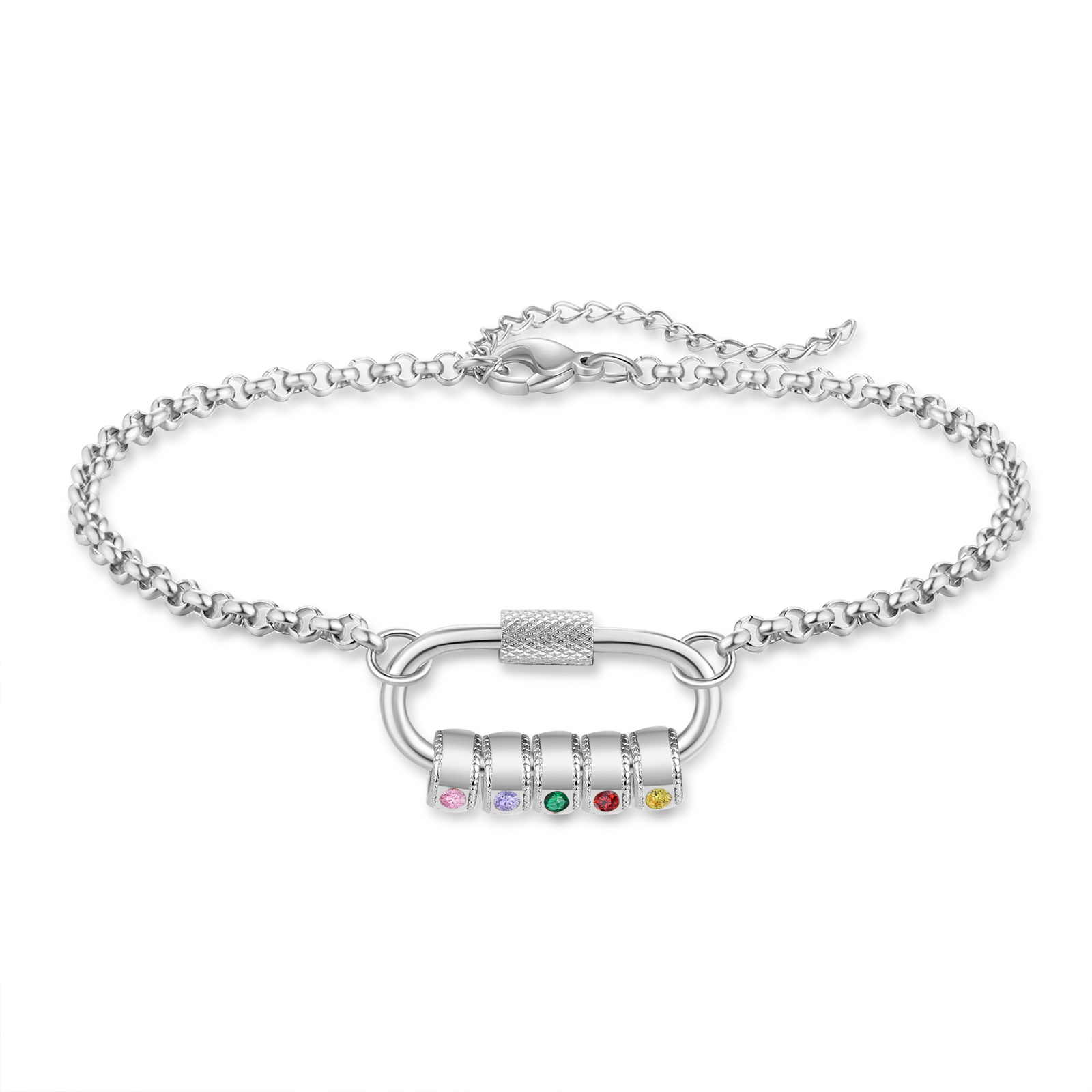 Personalised 5 Names & 5 Birthstones Bracelet for Women – Custom Stainless Steel Chain Gift | Jessemade