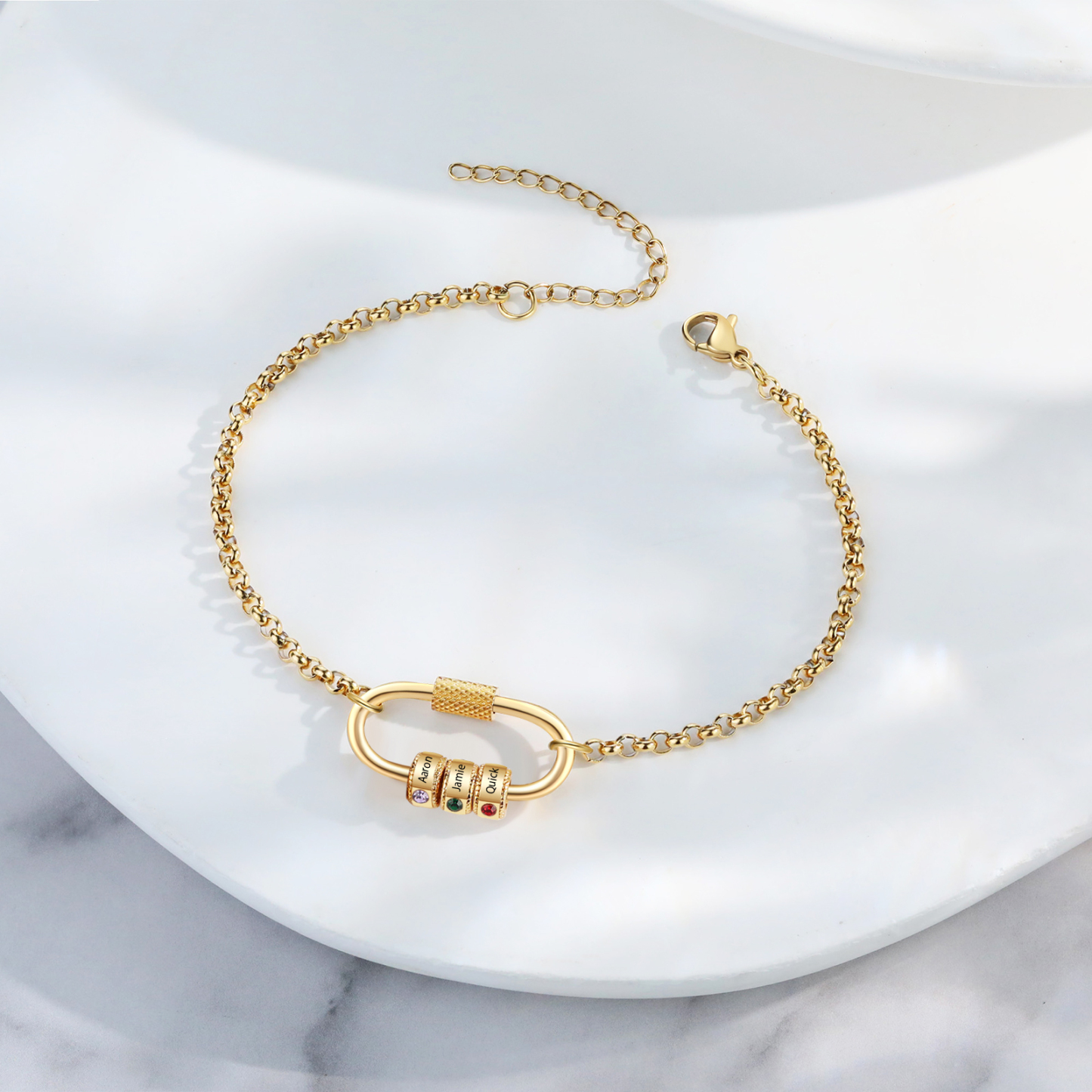Personalised 3 Names & 3 Birthstones Bracelet for Women – Custom Stainless Steel Chain Gift | Jessemade