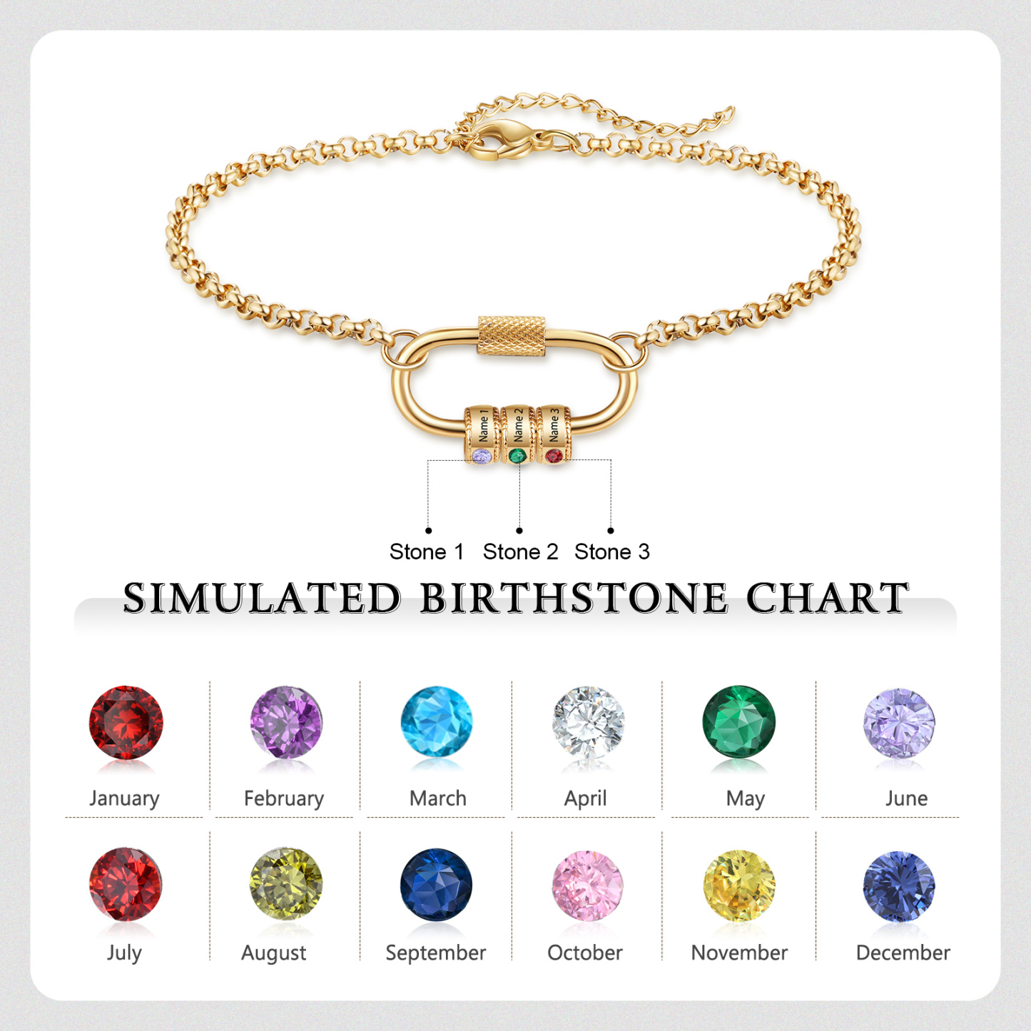 Personalised 3 Names & 3 Birthstones Bracelet for Women – Custom Stainless Steel Chain Gift | Jessemade