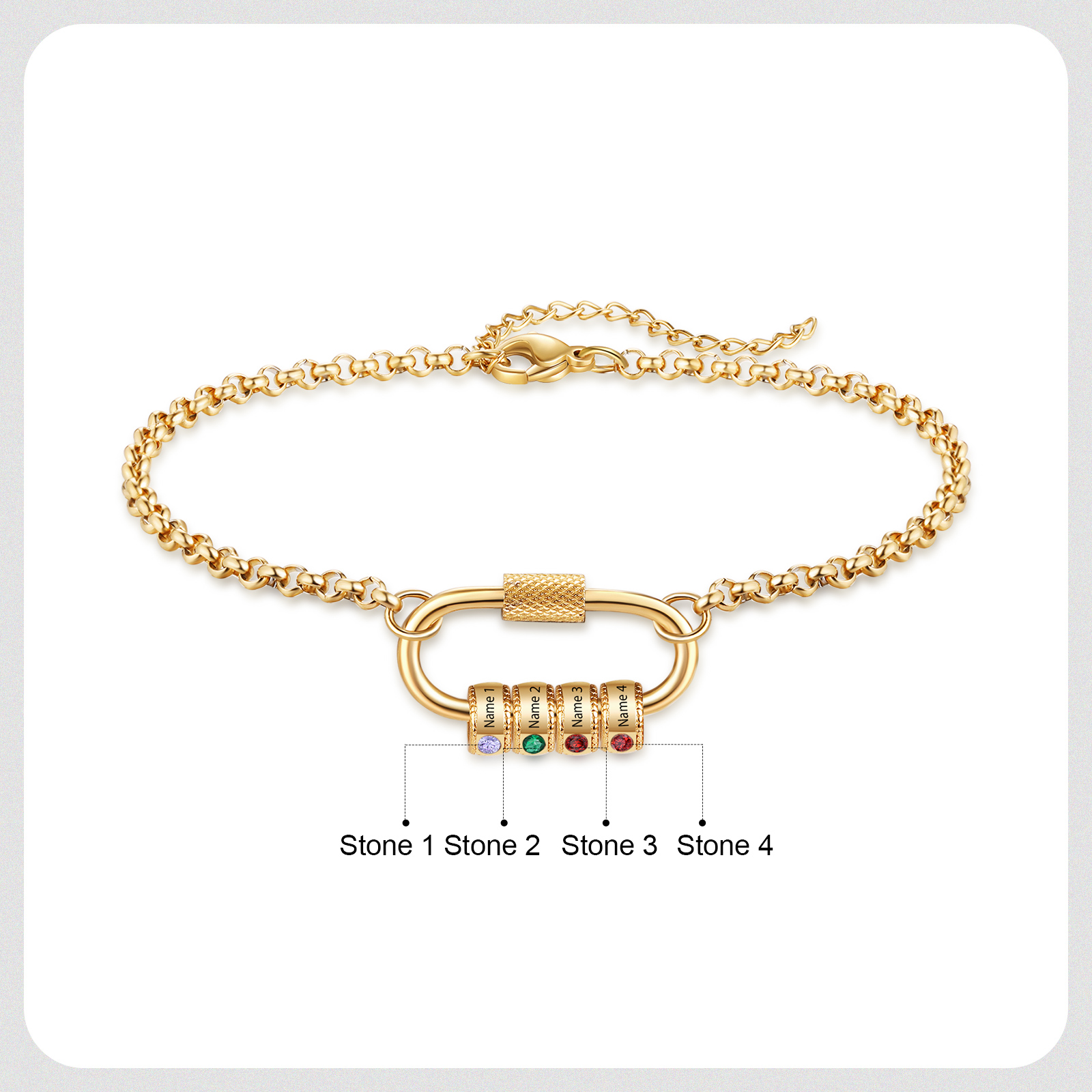 Personalised 4 Names & 4 Birthstones Bracelet for Women – Custom Stainless Steel Chain Gift | Jessemade