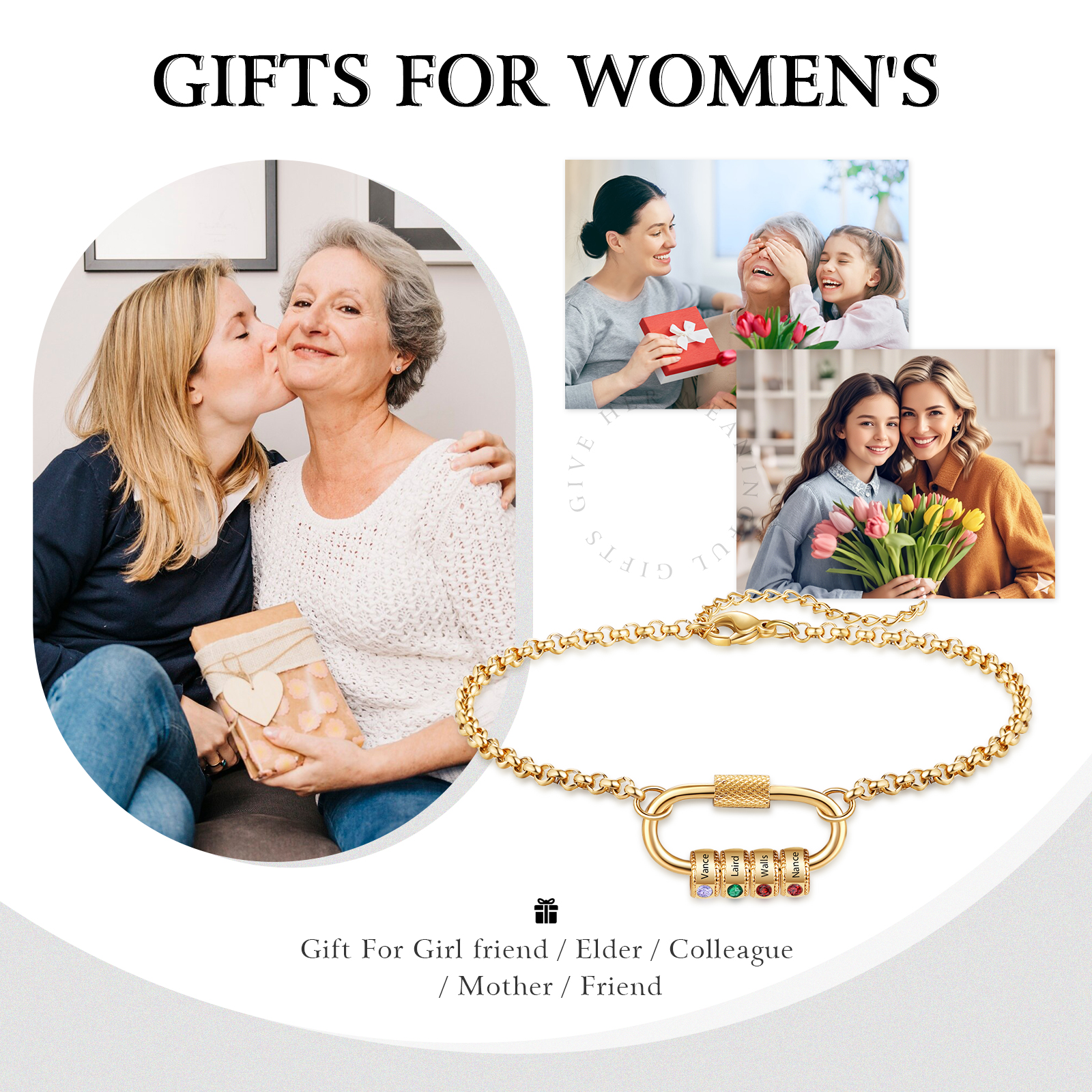 Personalised 4 Names & 4 Birthstones Bracelet for Women – Custom Stainless Steel Chain Gift | Jessemade