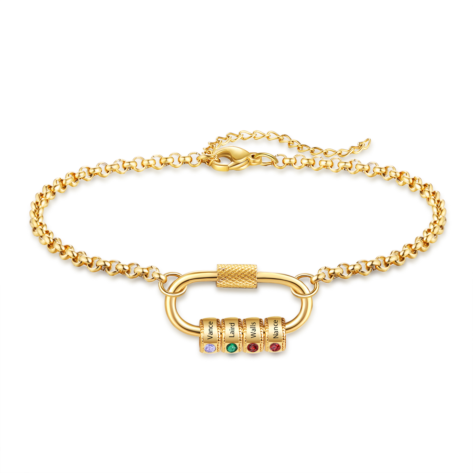 Personalised 4 Names & 4 Birthstones Bracelet for Women – Custom Stainless Steel Chain Gift | Jessemade
