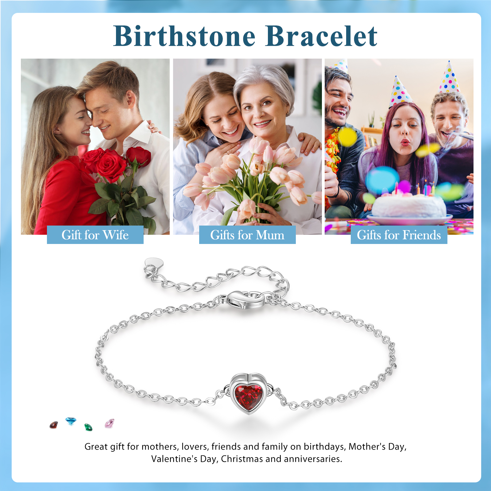Personalised Heart Birthstone Bracelet – Adjustable Gift for Her | Jessemade