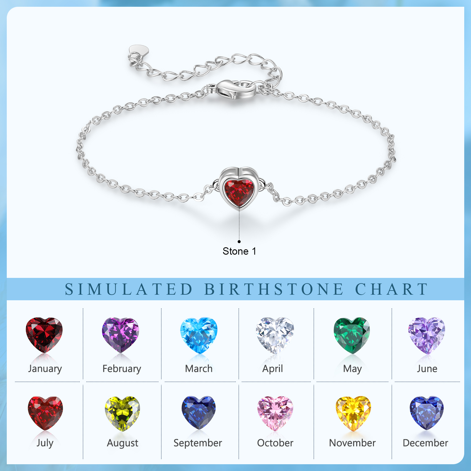Personalised Heart Birthstone Bracelet – Adjustable Gift for Her | Jessemade