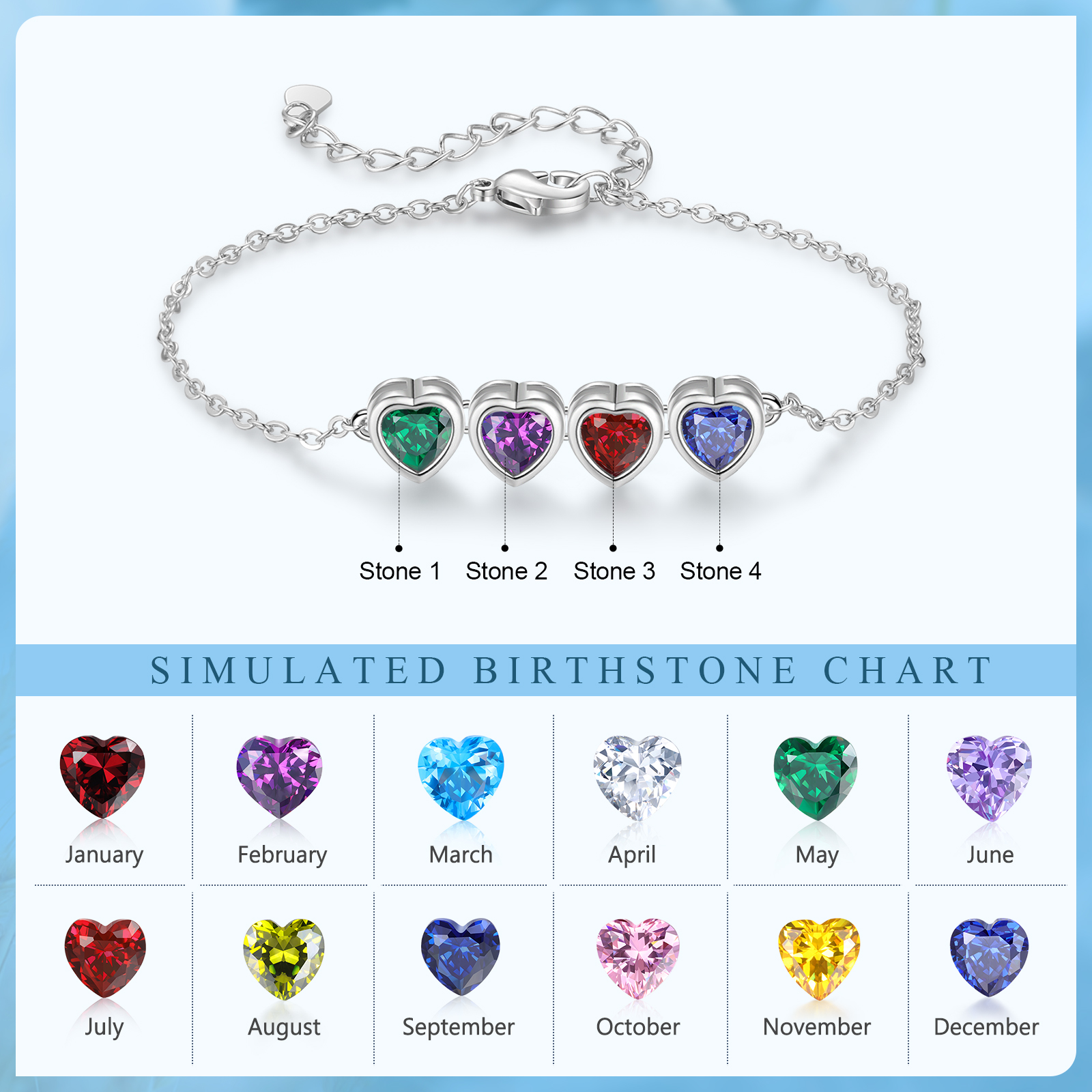 Heart Bracelet with 4 Birthstones – Personalised Gift for Mum, Nana or Partner | Jessemade