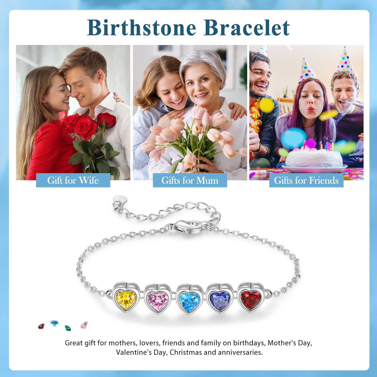 Heart Bracelet with 5 Birthstones – Personalised Gift for Mum, Nana or Partner | Jessemade