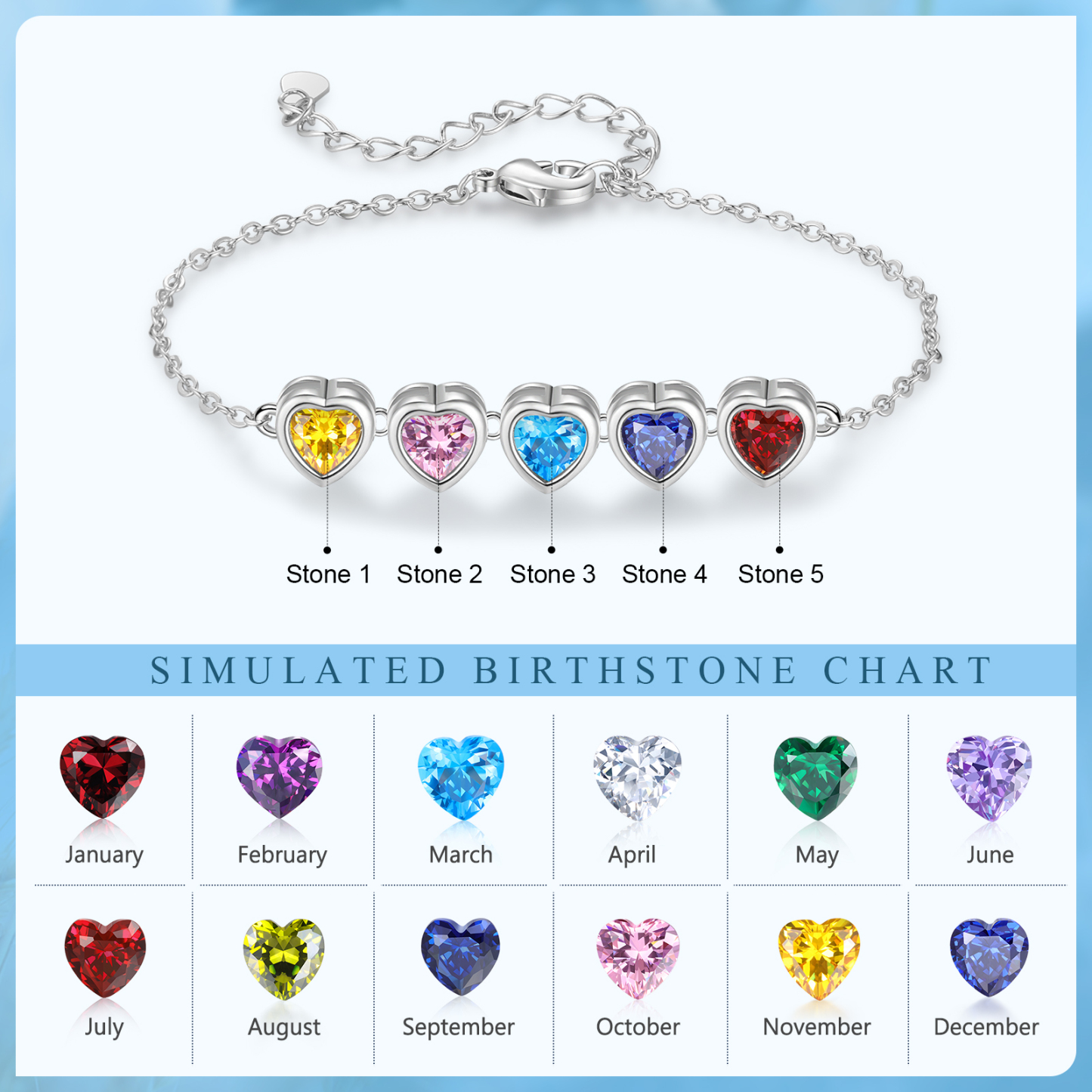 Heart Bracelet with 5 Birthstones – Personalised Gift for Mum, Nana or Partner | Jessemade